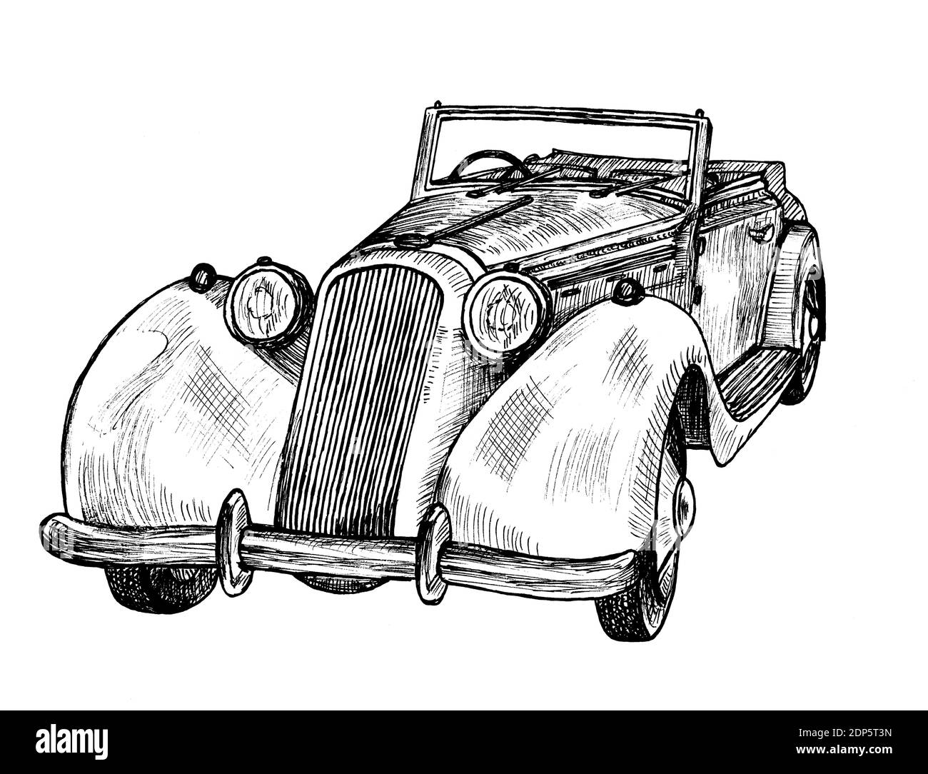 Handgezeichnete vintage Retro Luxus Limousine, Doodle Skizze Grafiken monochrome Illustration auf weißem Hintergrund (Originale, keine Zeichnung) Stockfoto