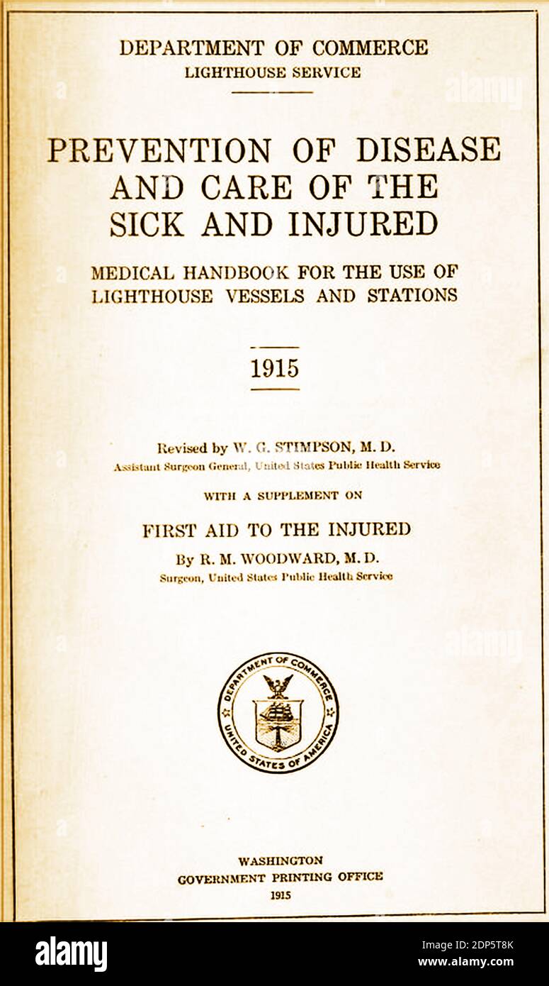 1915 - EIN Lighthouse Service erste-Hilfe-Handbuch, das speziell für Leuchtturmwärter in den USA gedruckt wurde, gedruckt von der Washington Government Printing Office Stockfoto