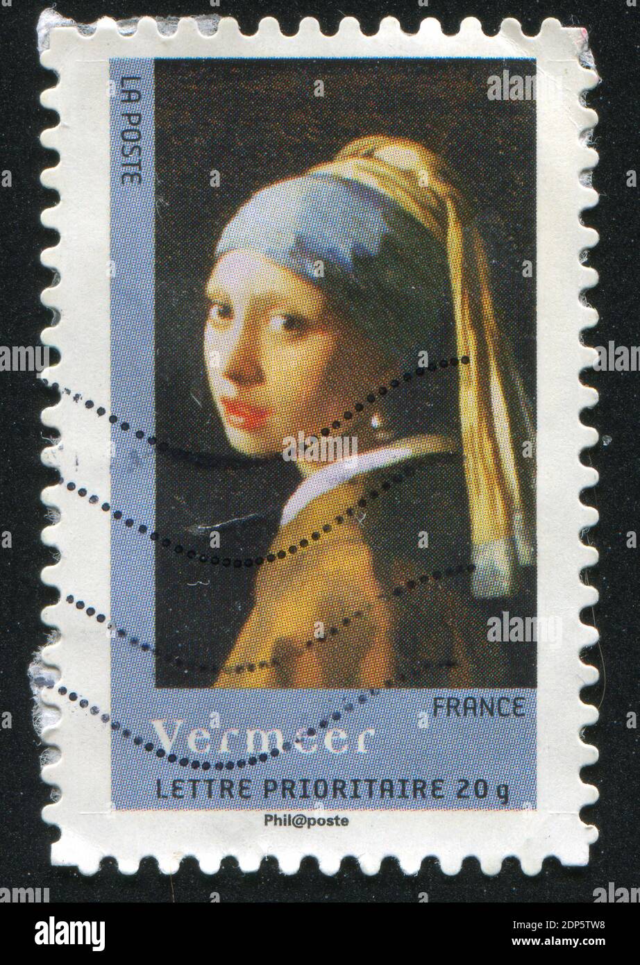 FRANKREICH - UM 2008: Briefmarke gedruckt von Frankreich, zeigt Kunst, Gemälde von Johannes Vermeer, Mädchen mit Perlenohrring, um 2008 Stockfoto
