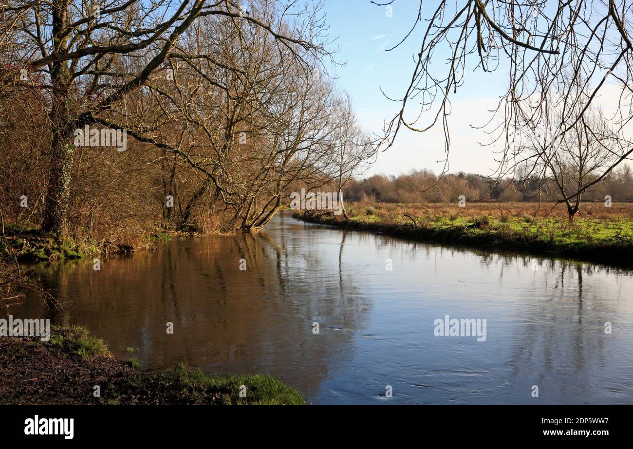 Ein Blick auf die oberen Ausläufer des Flusses Yare im Winter von Marston Marshes am Stadtrand von Norwich, Norfolk, England, Großbritannien. Stockfoto