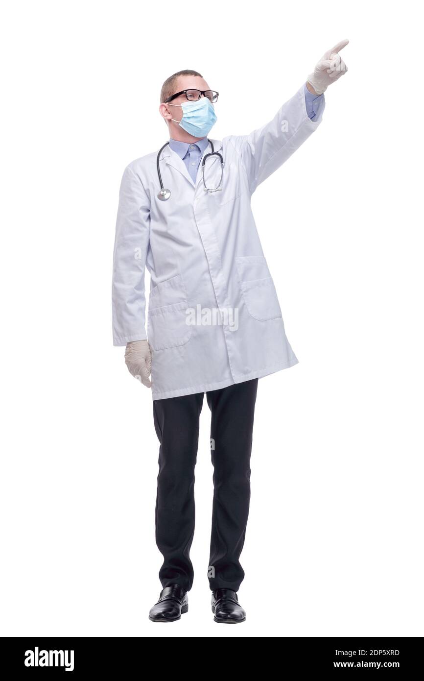 Porträt des Arztes trägt Schutzmaske und Handschuhe innen. Corona-Virus-Konzept Stockfoto