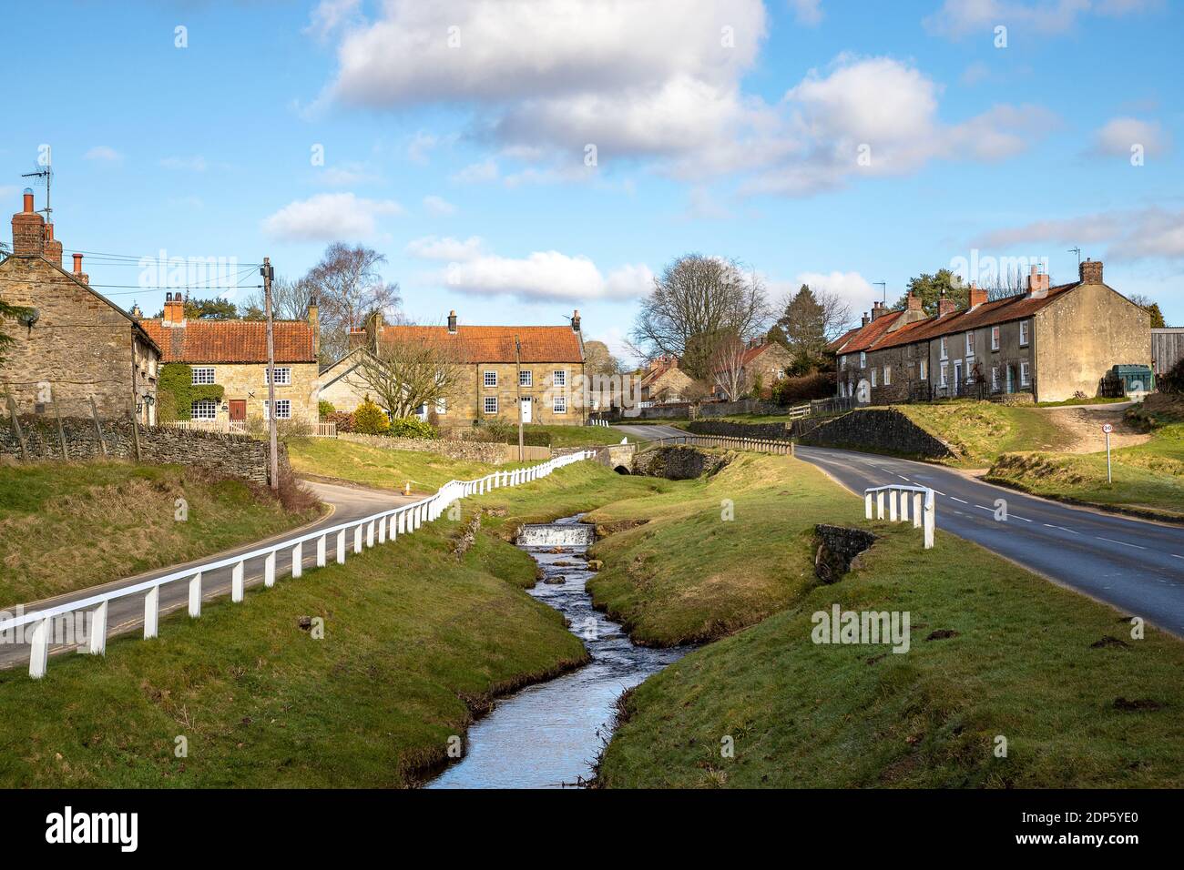 Das malerische Dorf Hutton-le-Hole in North Yorkshire liegt im North York Moors National Park, wo Schafe frei herumlaufen können. Stockfoto