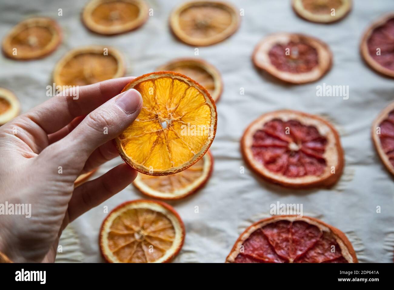 Getrocknete Orangenscheibe in der Hand für diy-Projekte, Geschenkverpackung und schöne Öko Weihnachtsdekorationen wie Kränze Stockfoto