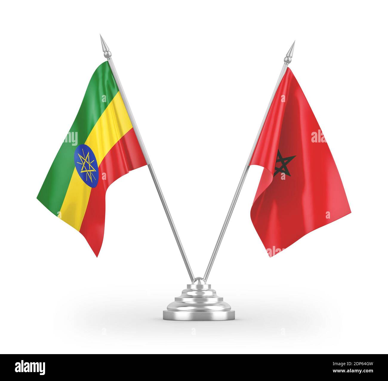 Marokko und Äthiopien Tischflags isoliert auf weißem 3D-Rendering Stockfoto
