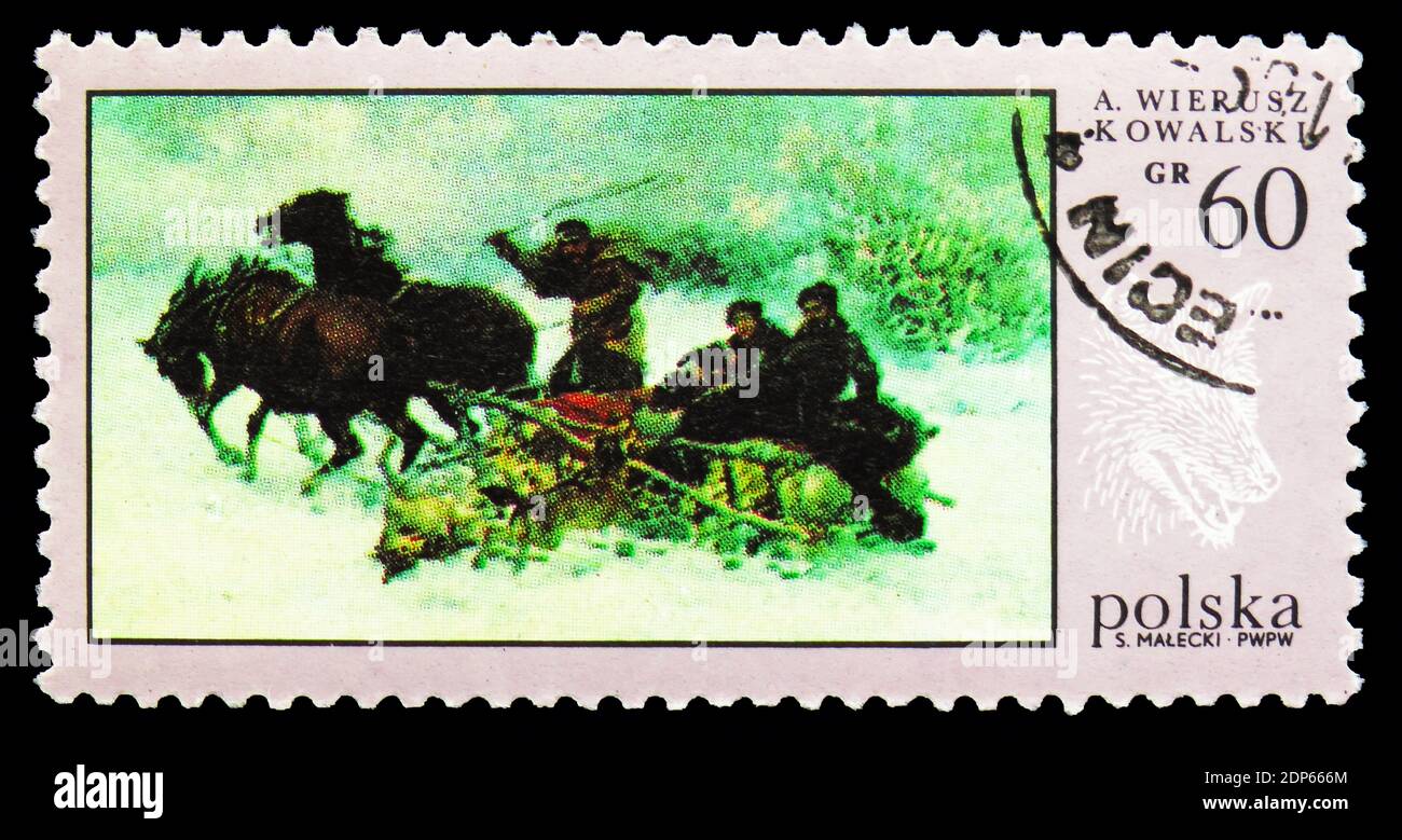 MOSKAU, RUSSLAND - 15. SEPTEMBER 2018: Eine in Polen gedruckte Briefmarke zeigt Wolves' RAID, von A. Wierusz-Kowalski, Hunt Paintings Serie, um 1968 Stockfoto