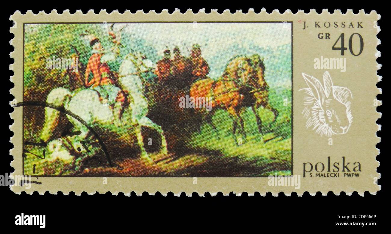 MOSKAU, RUSSLAND - 15. SEPTEMBER 2018: Eine in Polen gedruckte Briefmarke zeigt Jagd mit Falke, von Juliusz Kossak, Serie Hunt Paintings, um 1968 Stockfoto