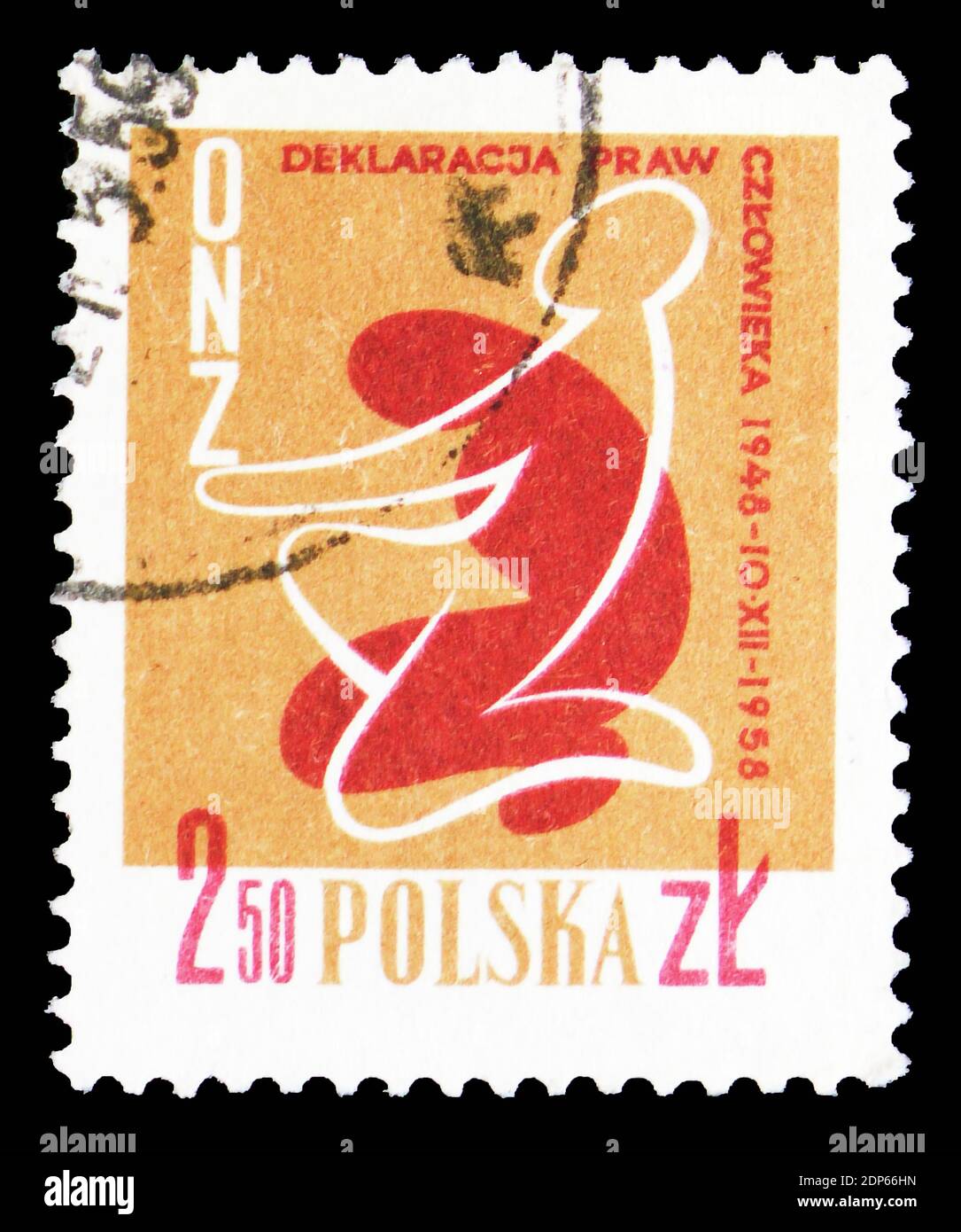 MOSKAU, RUSSLAND - 15. SEPTEMBER 2018: Eine in Polen gedruckte Briefmarke zeigt kniende Figur, Erklärung der Menschenrechte, 10th Anniversary Serie, um 1958 Stockfoto