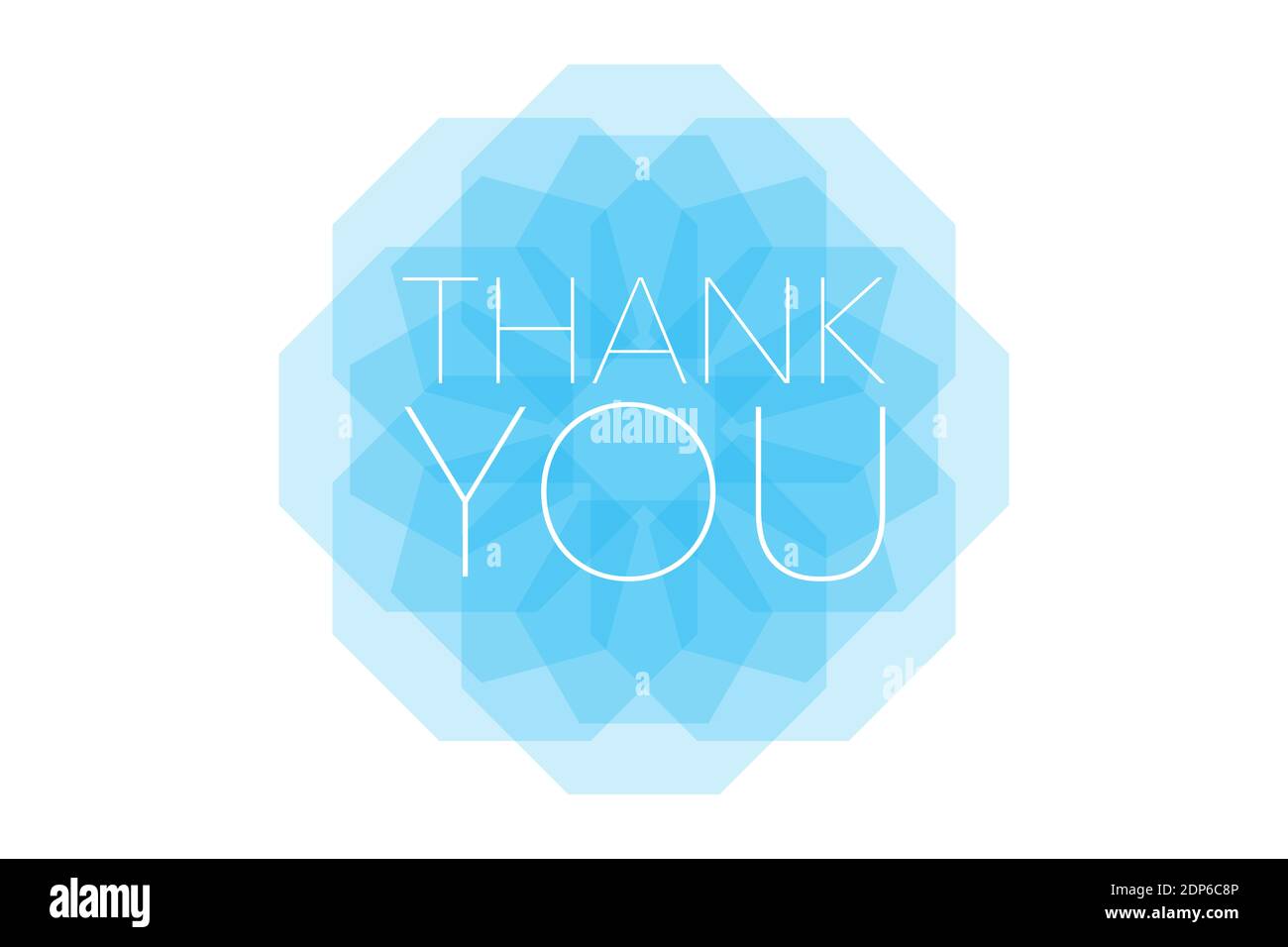 Modernes, schlichtes grafisches Design eines Spriches 'Danke' mit transparenten polygonalen Formen in blauer Farbe. Minimalistische, elegante und urbane Typografie. Stockfoto
