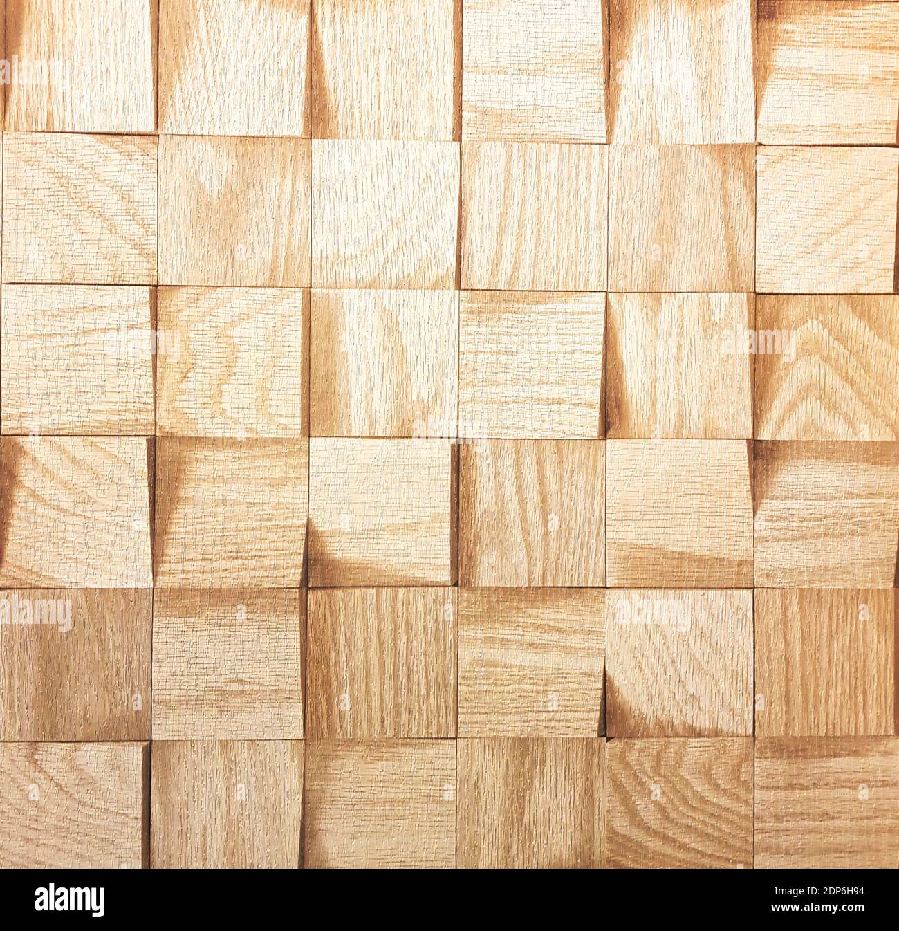 Braune Keramikfliese mit Mosaikmuster für Wand- und Bodendekoration. Betonstein Oberfläche Hintergrund. Textur mit hölzernen Quadraten Ornament für Stockfoto