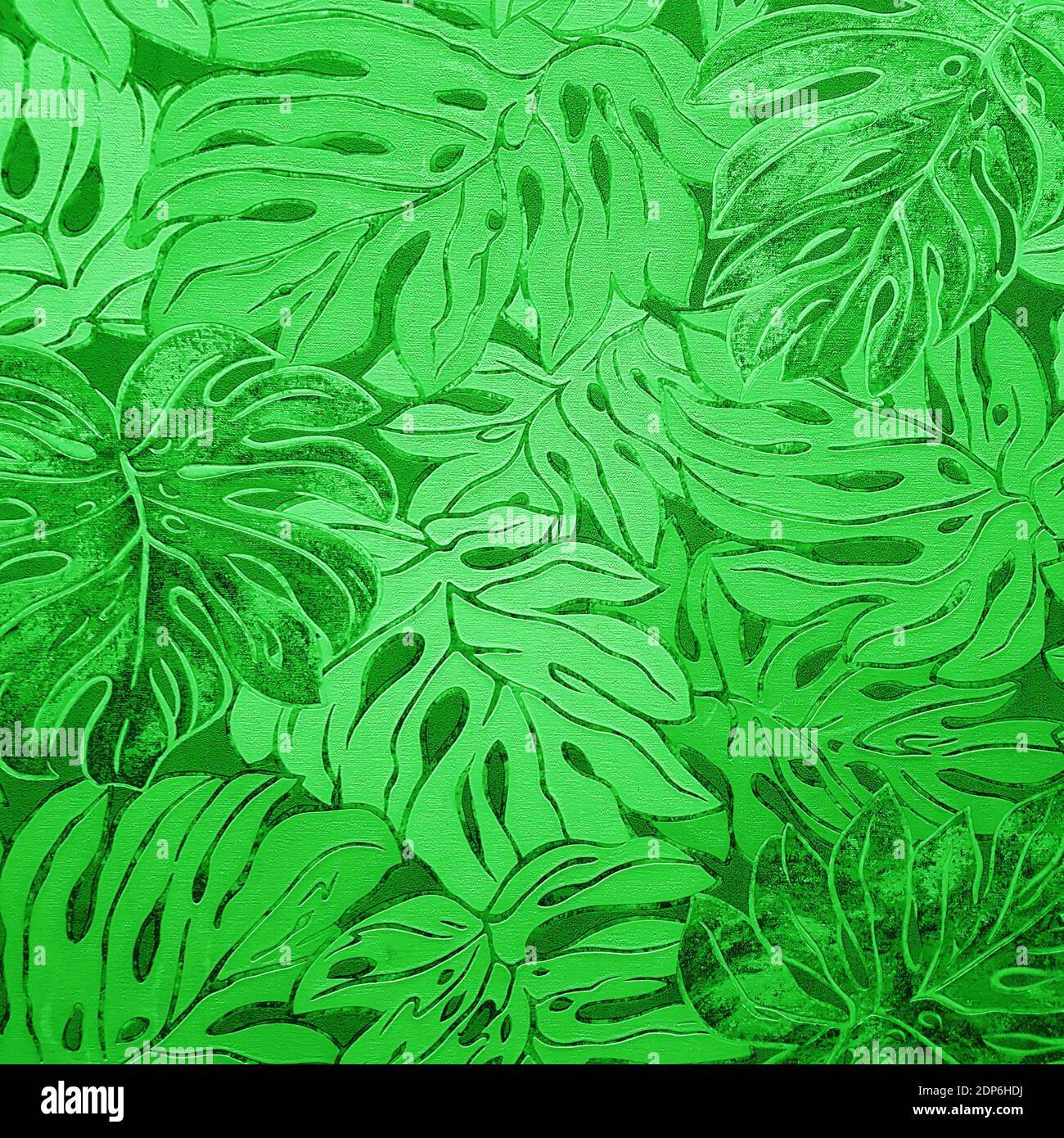 Grüne Keramikfliese mit tropischem Blattmuster für Wand- und Bodendekoration. Betonstein Oberfläche Hintergrund. Botanische Textur mit floralem Ornament Stockfoto