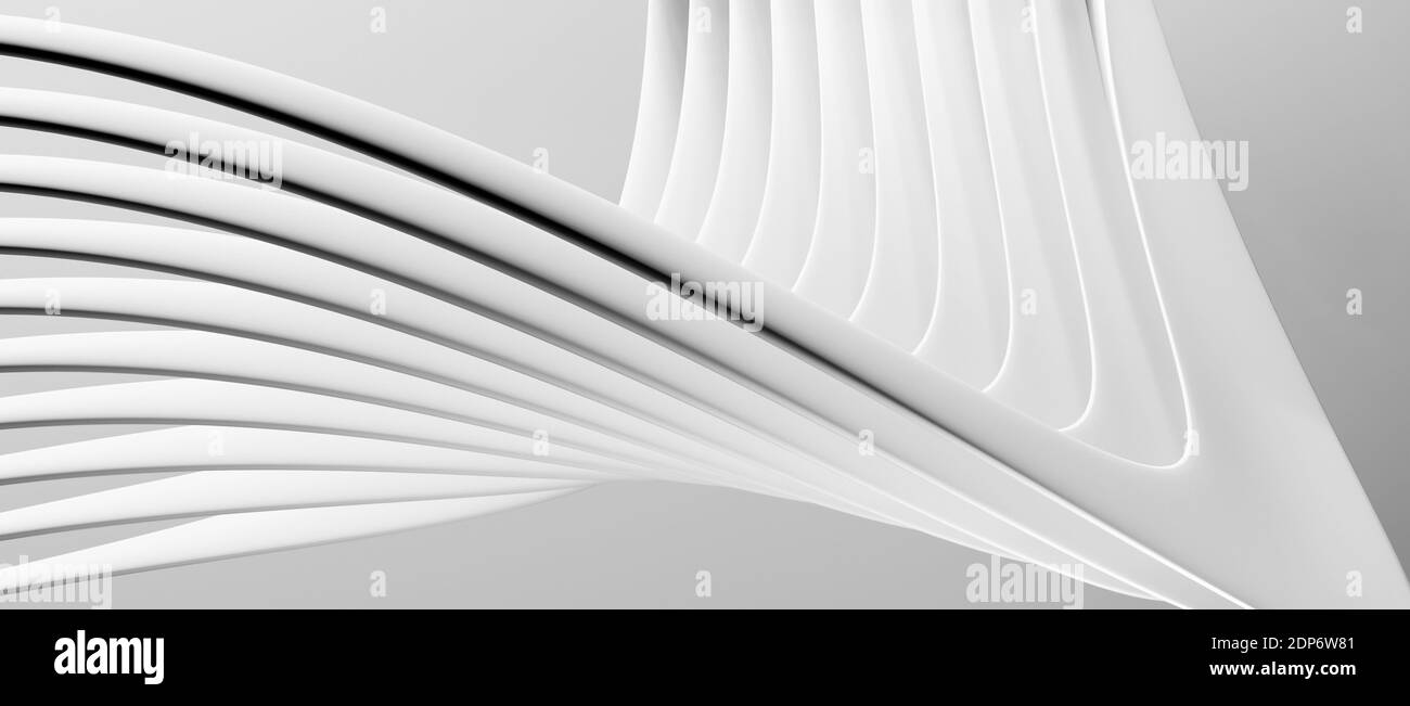 Abstrakt elegant, modern, verdreht 3D-Objekt mit Linien und fließenden Kurven Krümmung wellenförmigen Design Hintergrund cgi Illustration Rendering, weiß Stockfoto