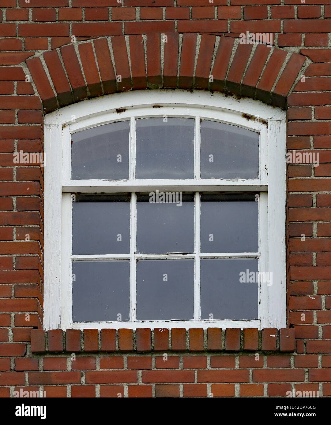 Neun Pain Glasfenster mit weißen Zierleisten in einem gesetzt Rote Backsteinmauer Stockfoto