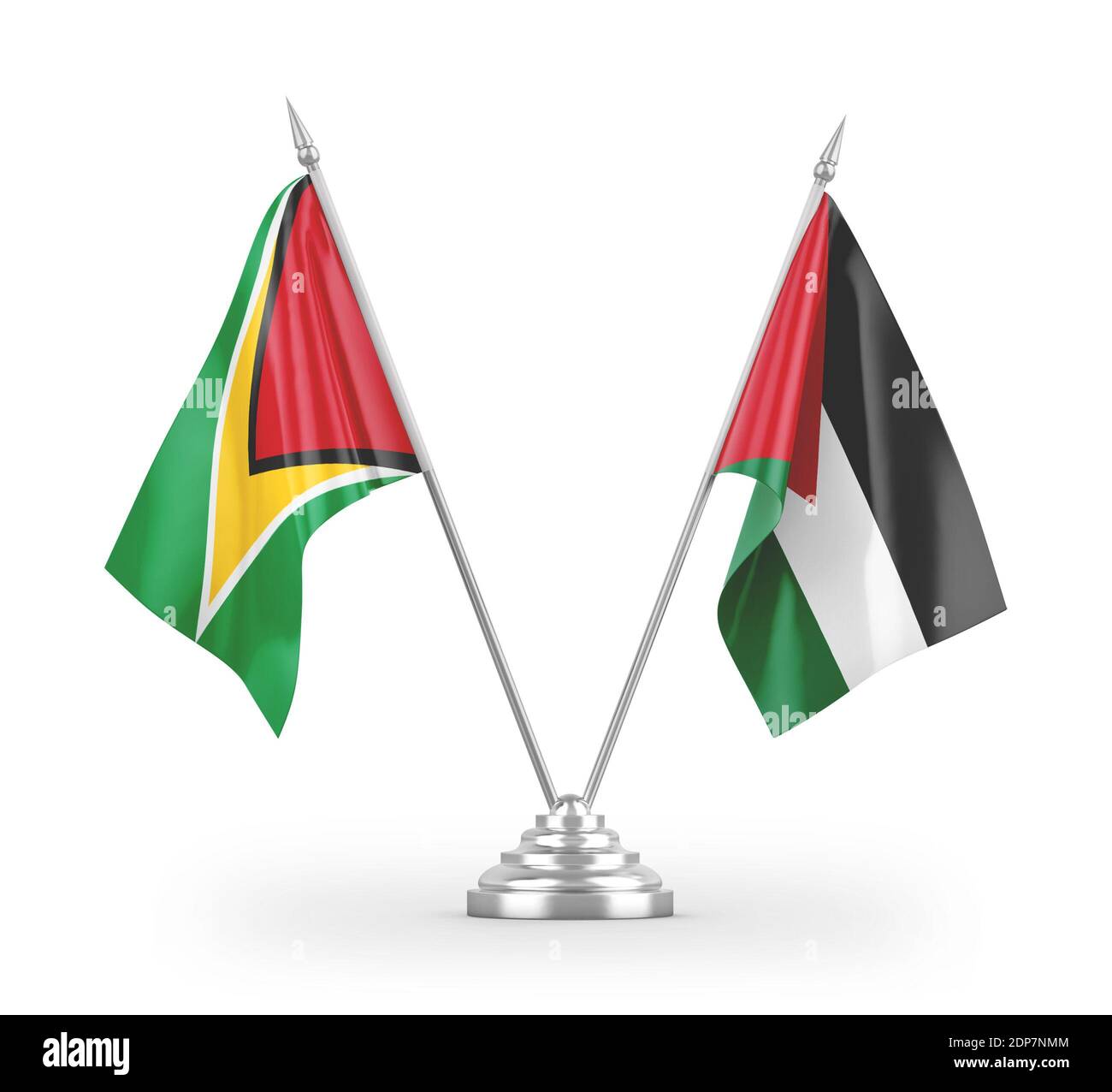 Jordan und Guyana Tischflags isoliert auf weißem 3D-Rendering Stockfoto