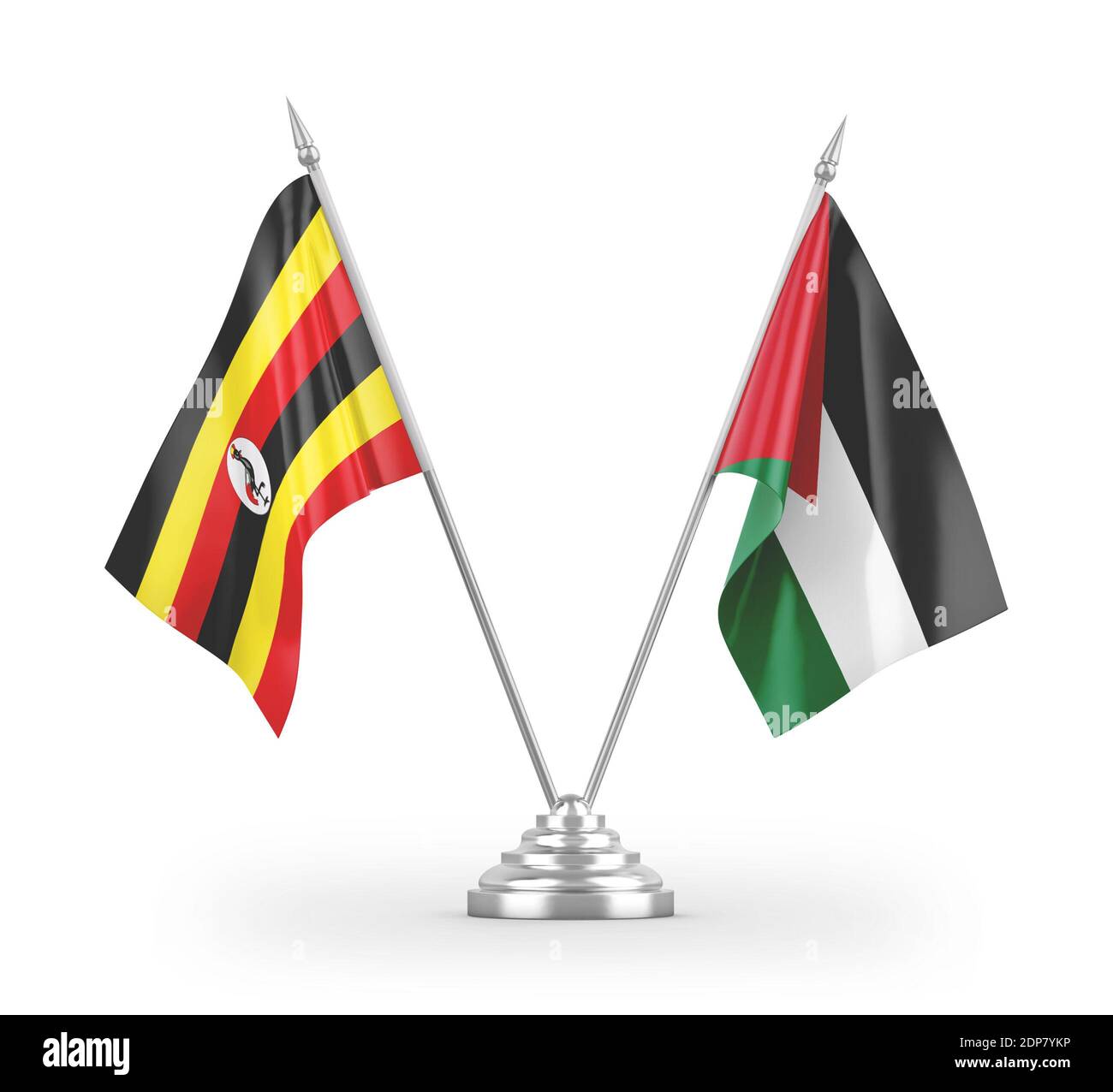 Jordan und Uganda Tischflags isoliert auf weißem 3D-Rendering Stockfoto