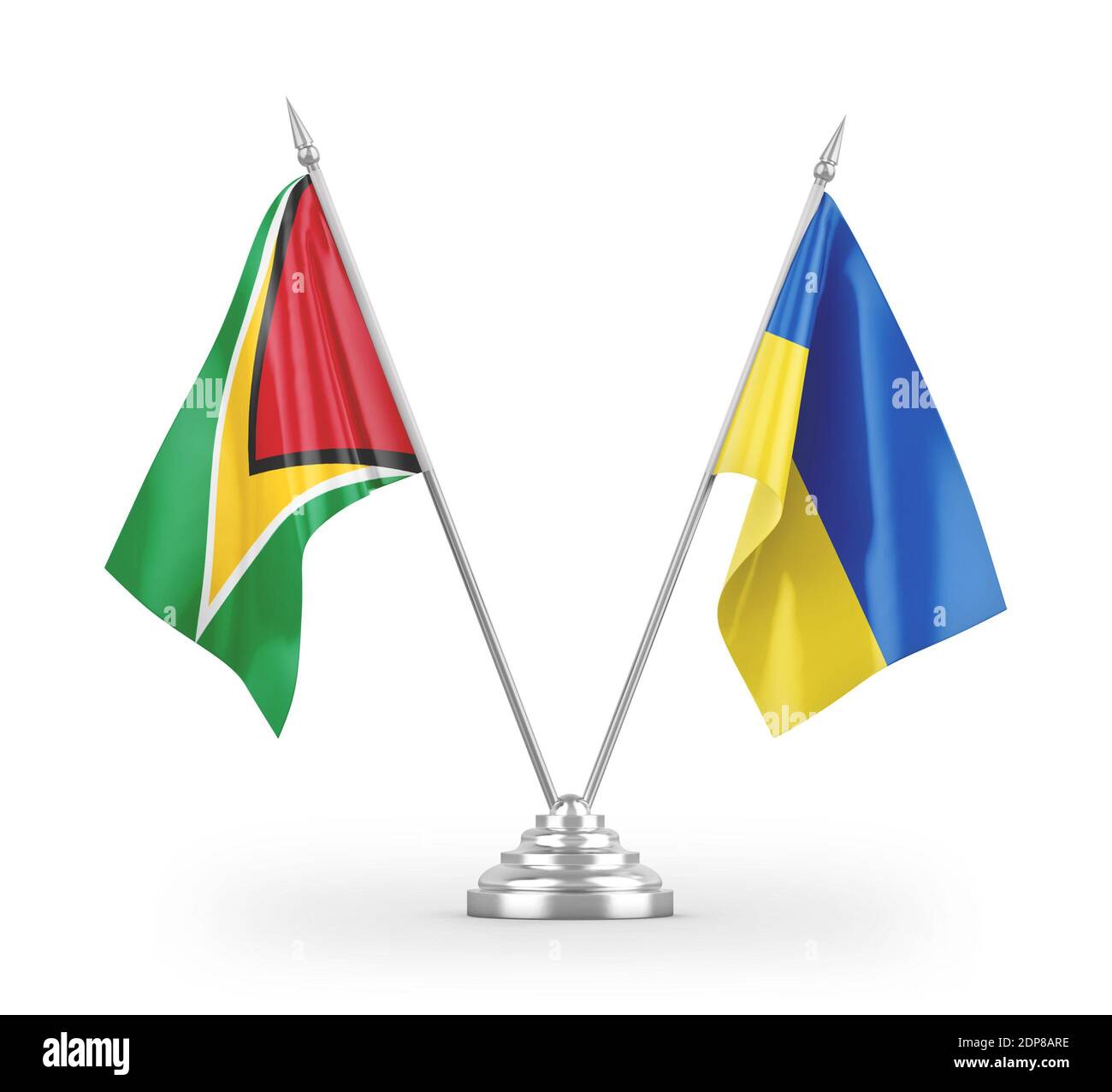 Ukraine und Guyana Tischflags isoliert auf weißem 3D-Rendering Stockfoto