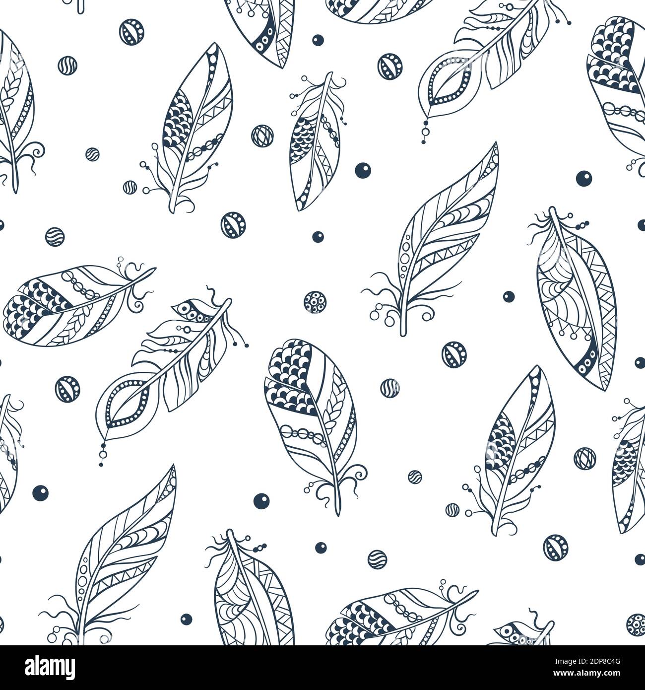 Nahtlose Tribal Muster mit Federn in Vektor Grafik Illustration in Blaue Farben mit Perlen im Ornament Stock Vektor