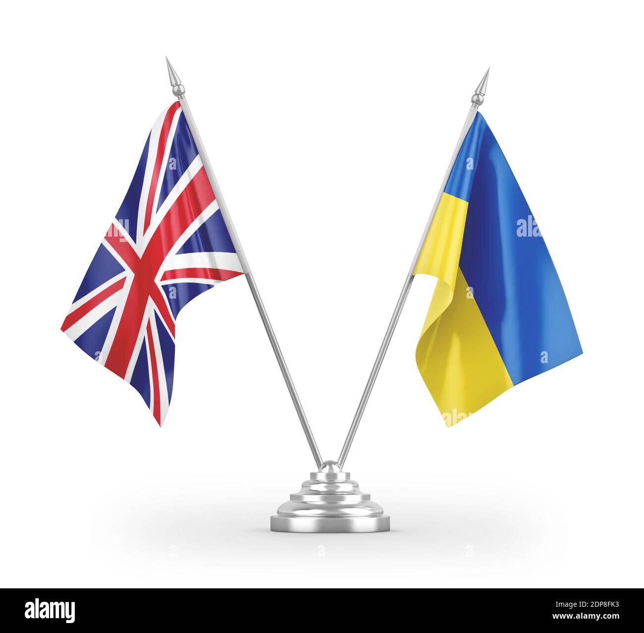 Ukraine und Großbritannien Tischflaggen isoliert auf weißem 3D Rendering Stockfoto