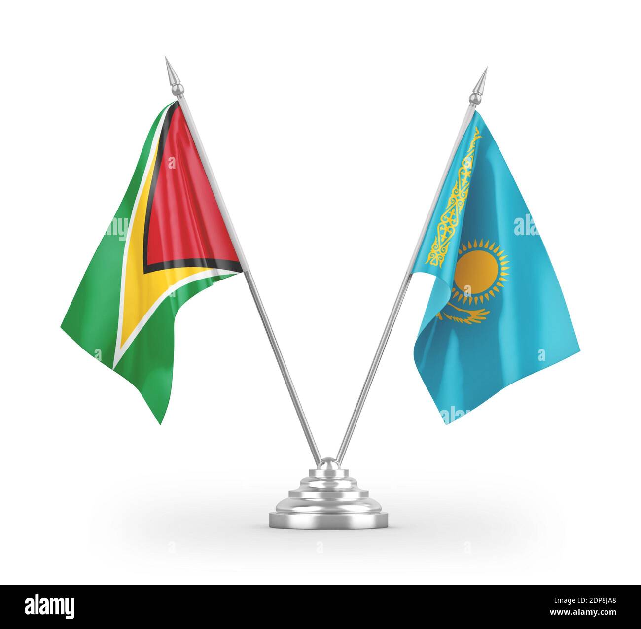 Kasachstan und Guyana Tischflags isoliert auf weißem 3D-Rendering Stockfoto