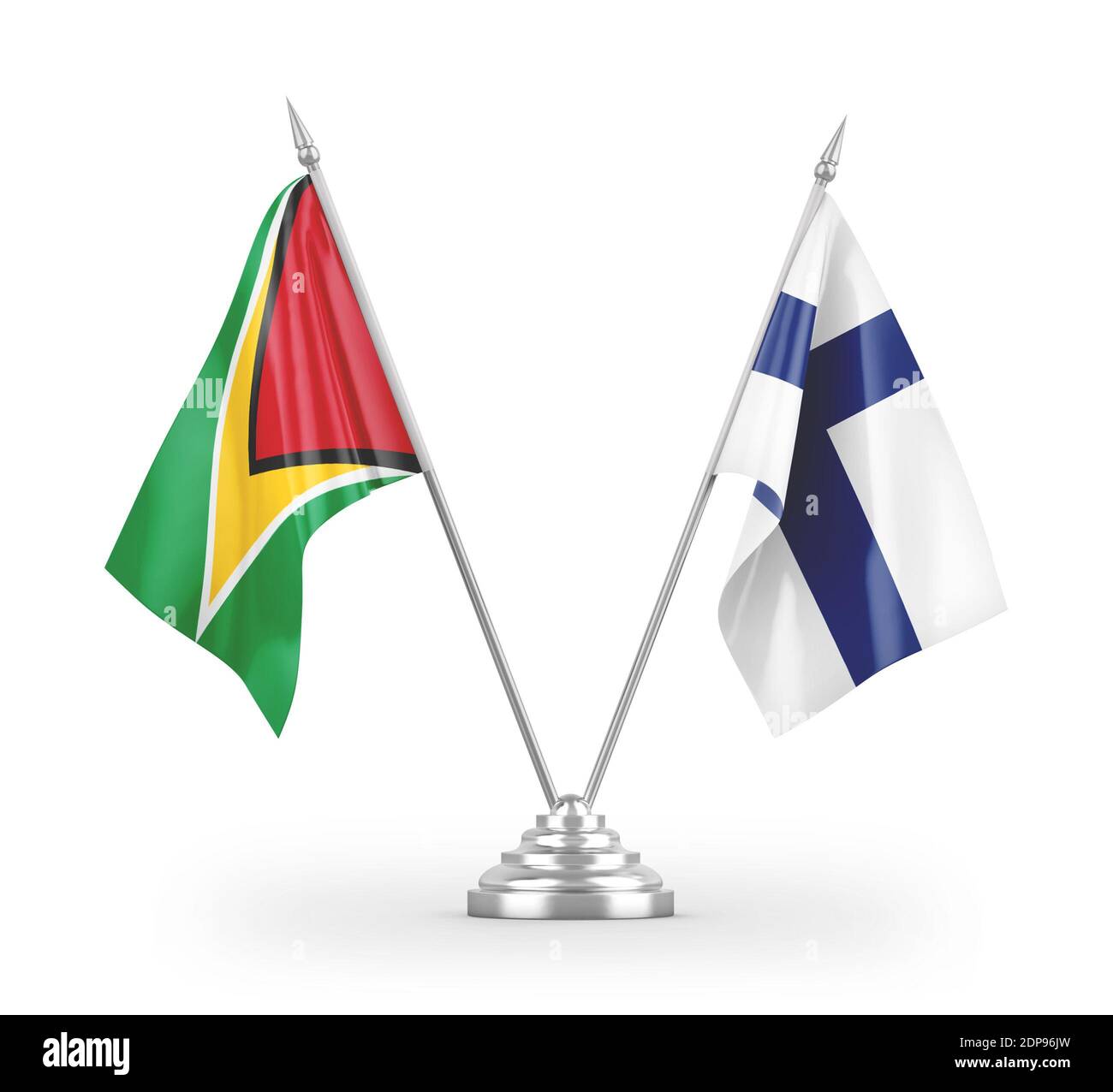 Finnland und Guyana Tischflags isoliert auf weißem 3D-Rendering Stockfoto