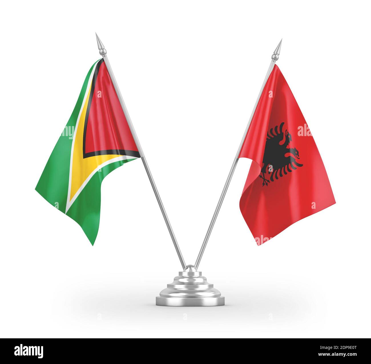 Albanien und Guyana Tischflags isoliert auf weißem 3D-Rendering Stockfoto