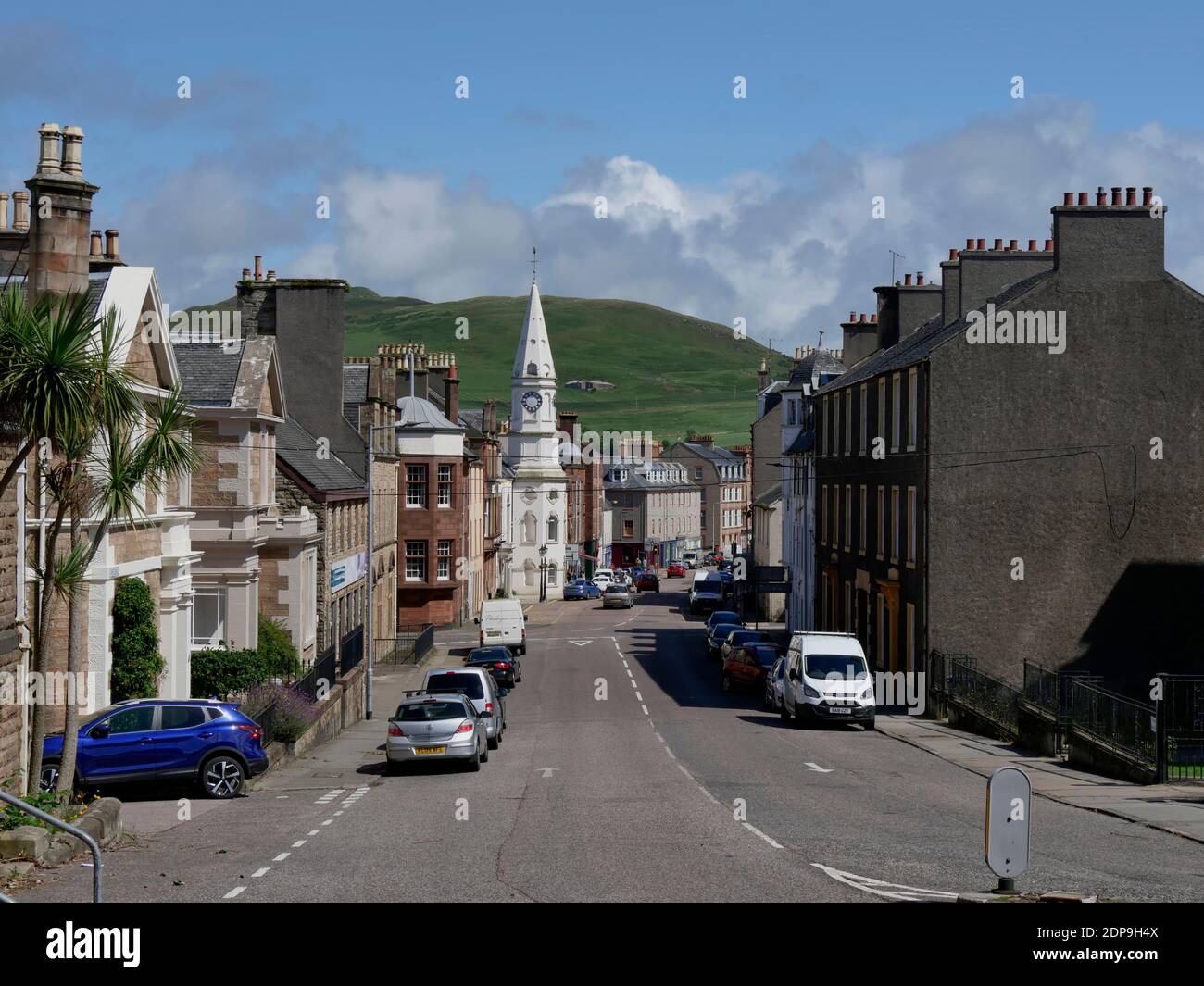 Hauptstraße mit Campbeltown Town Hall, Campbeltown, Kintyre Peninsula, Argyll, Schottland Stockfoto