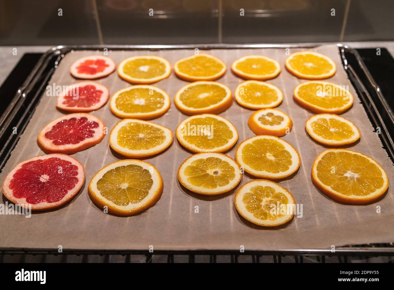 Orangen und Grapefruitscheiben auf einem Backblech zu sein Getrocknet für diy-Projekte und schöne Öko-Dekorationen Stockfoto