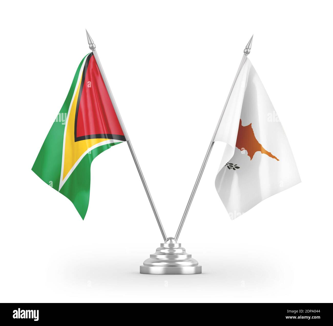 Zypern und Guyana Tischflags isoliert auf weißem 3D-Rendering Stockfoto