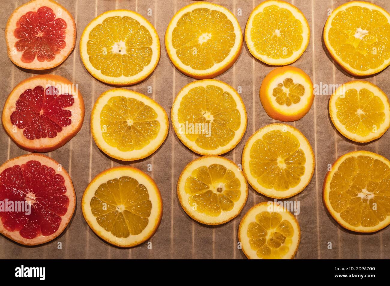 Trocknen von Orangen und Grapefruitscheiben im Ofen für heimwerker Projekte und schöne Öko-Dekorationen Stockfoto