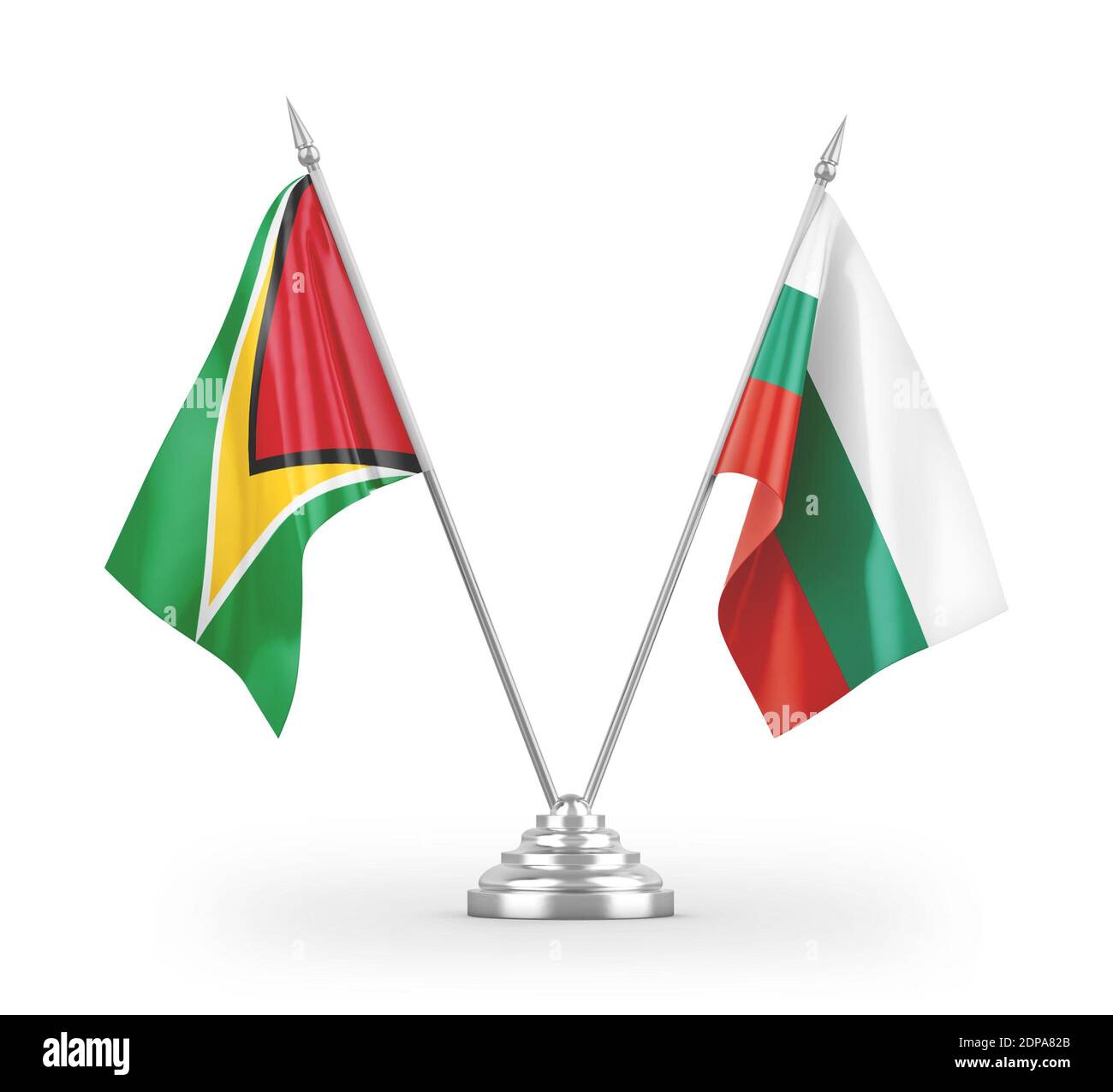 Bulgarien und Guyana Tischflags isoliert auf weißem 3D-Rendering Stockfoto