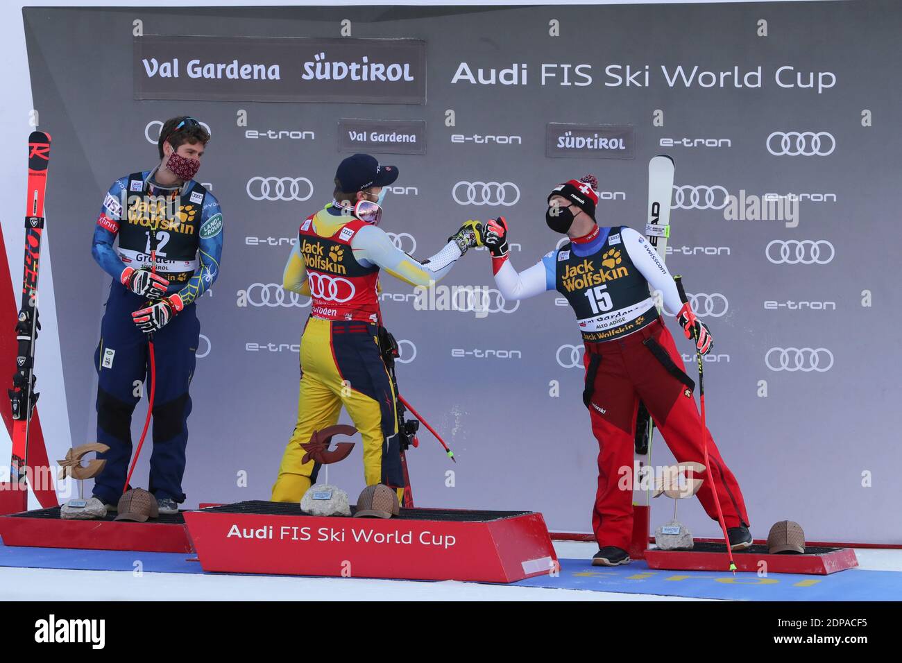 Saslong, Gröden, Italien. Dezember 2020. Podium während des FIS SKI World Cup 2020 - Männer Abfahrt, alpines Skirennen - Foto Sergio Bisi/LM Credit: LiveMedia/Alamy Live News Stockfoto