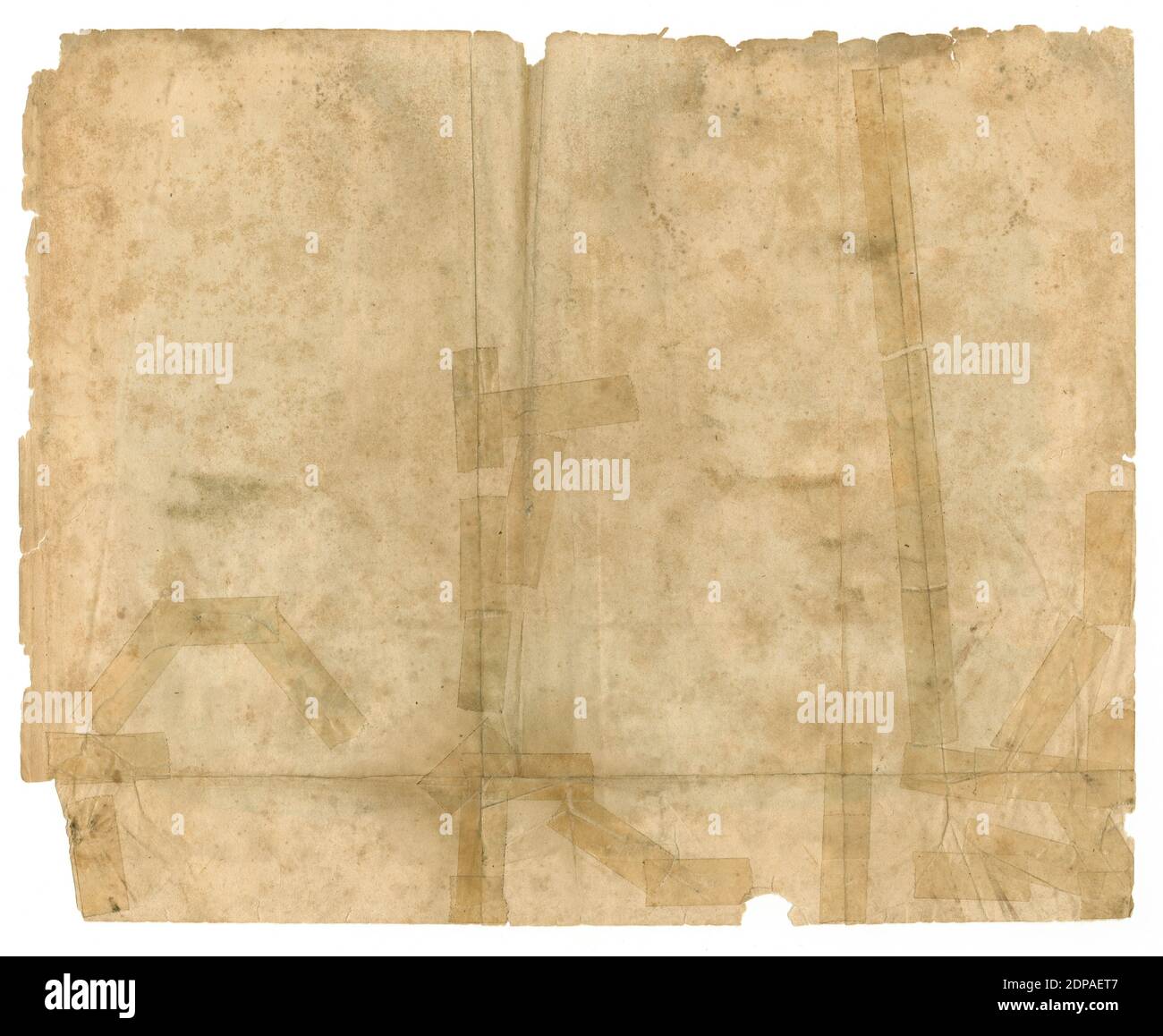 Altes zerfetztes Papier mit alten Bandreparaturen, Flecken, Verschmutzungen und Schimmelflecken. Stockfoto