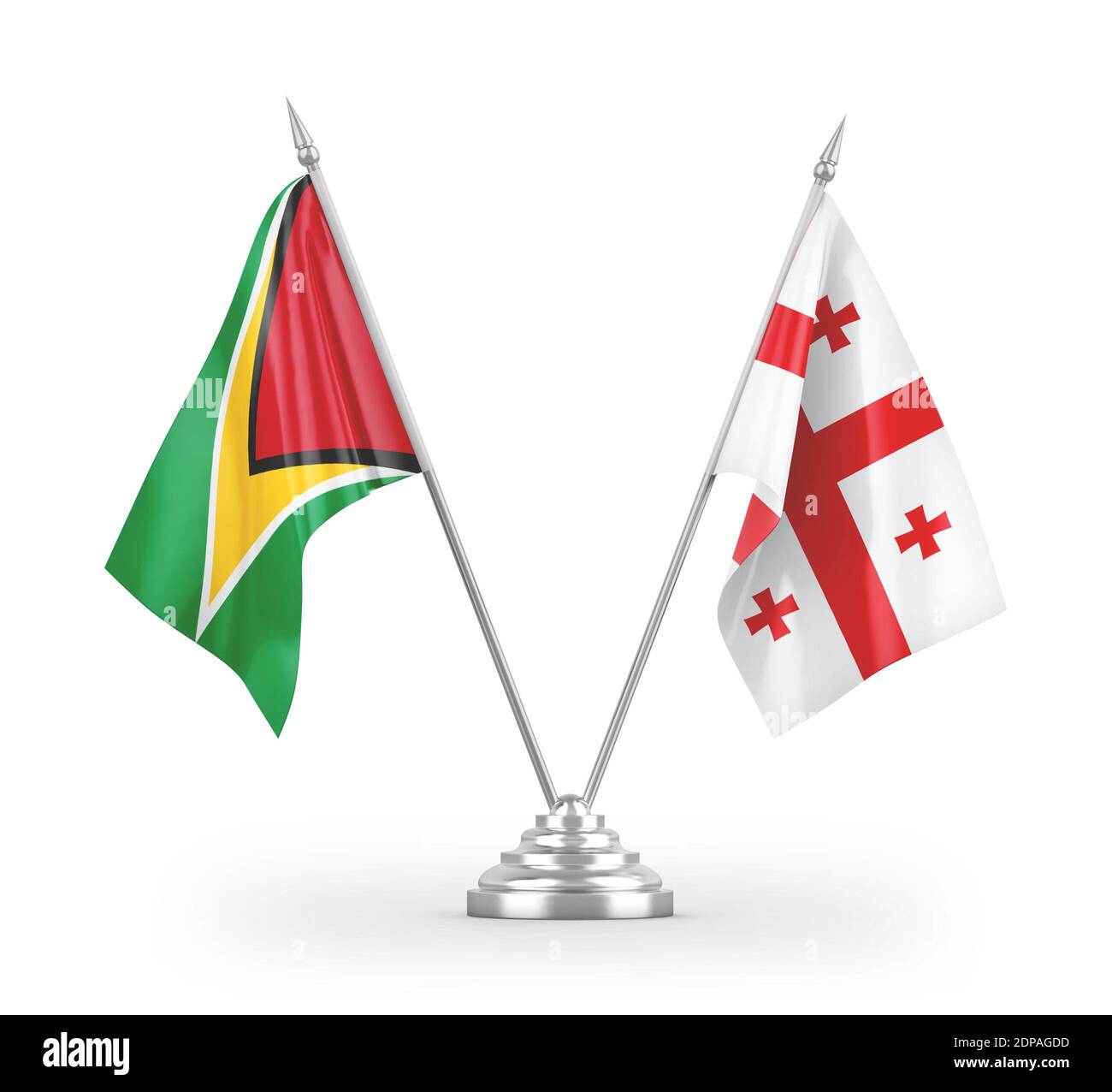Georgia und Guyana Tischflags isoliert auf weißem 3D-Rendering Stockfoto
