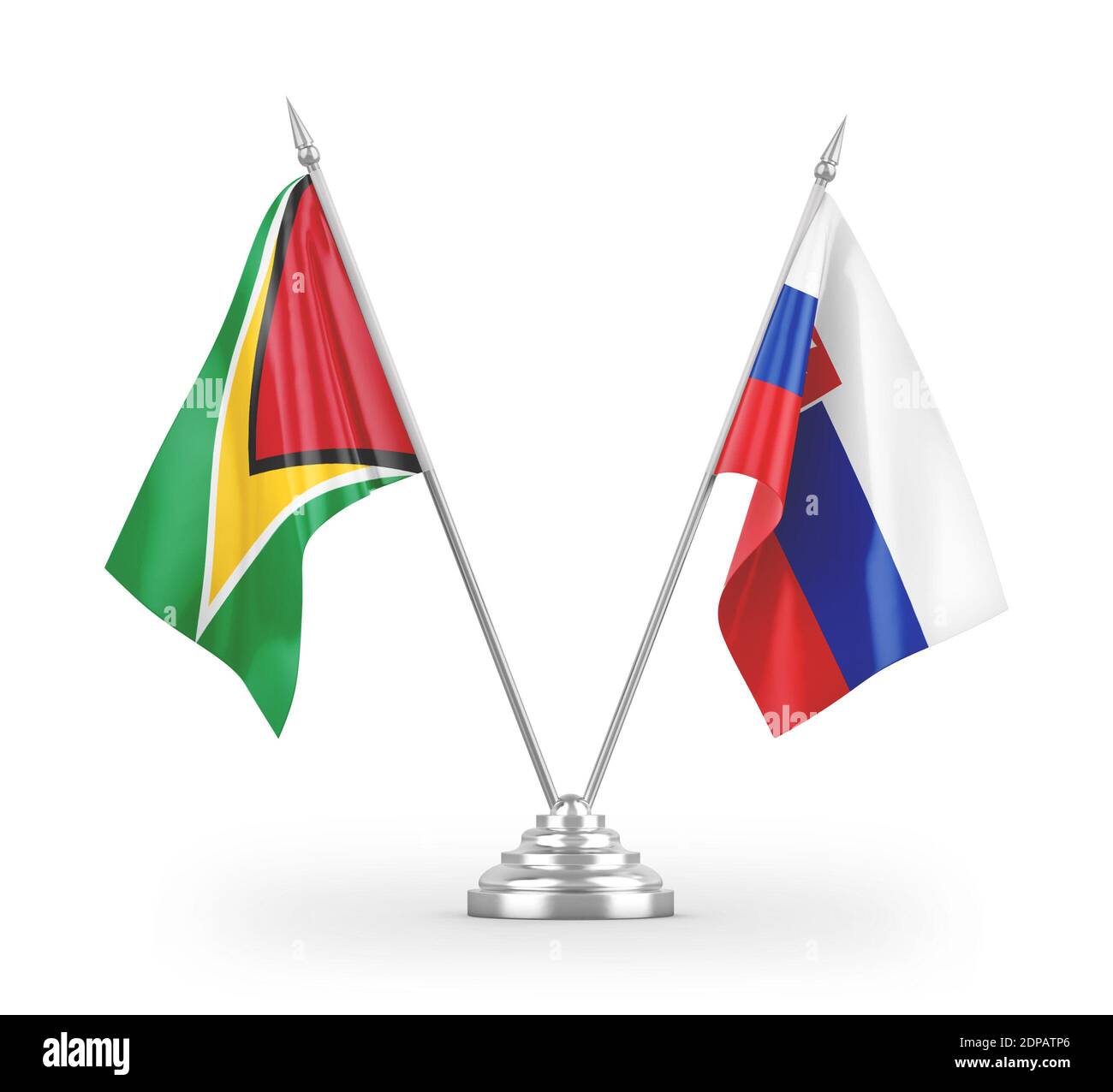 Slowakei und Guyana Tischflags isoliert auf weißem 3D-Rendering Stockfoto