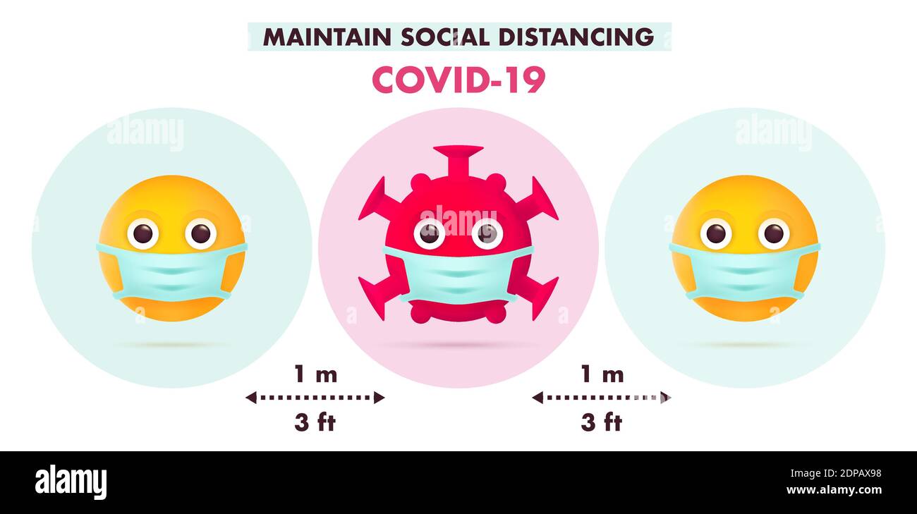 Soziale Distanzierung in der öffentlichen Gesellschaft aufrechterhalten. COVID-19 Infografik-Design. Quarantänekonzept. Coronavirus Emoji Zeichen-Symbol mit medizinischer Maske. M Stock Vektor