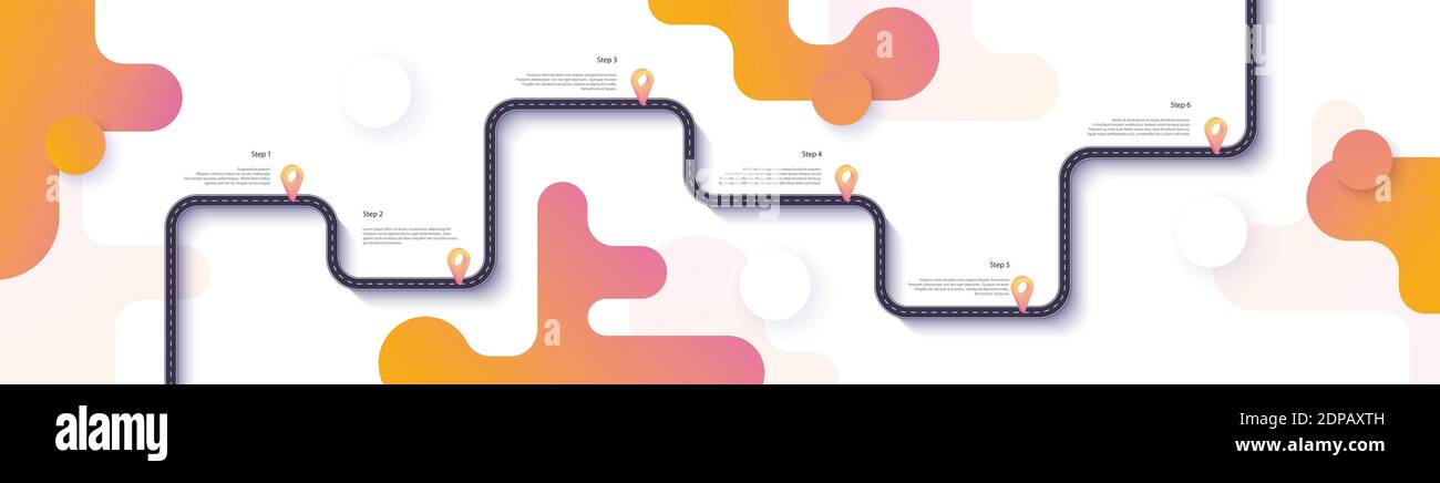 Road map und Route Infografiken Vorlage. Kurvenreiche Straße timeline Abbildung. Flache Vector Illustration. Eps 10. Stock Vektor