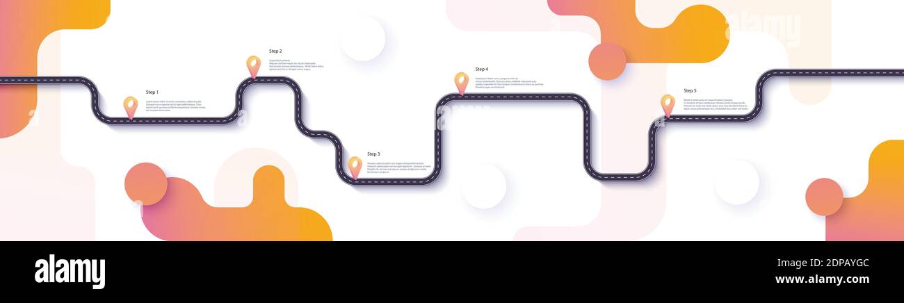 Road map und Route Infografiken Vorlage. Kurvenreiche Straße timeline Abbildung. Flache Vector Illustration. Eps 10. Stock Vektor