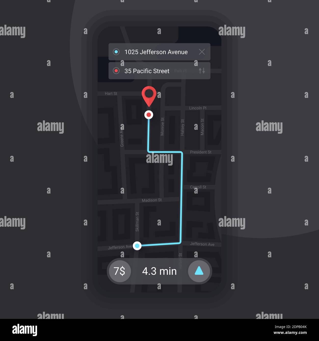 Taxi GPS Locator. Navigation Auf Der Stadtkarte. Mobile App User Interface Konzept Design. Dunkles Design. UI-Vorlage. Vektor EPS 10 Stock Vektor