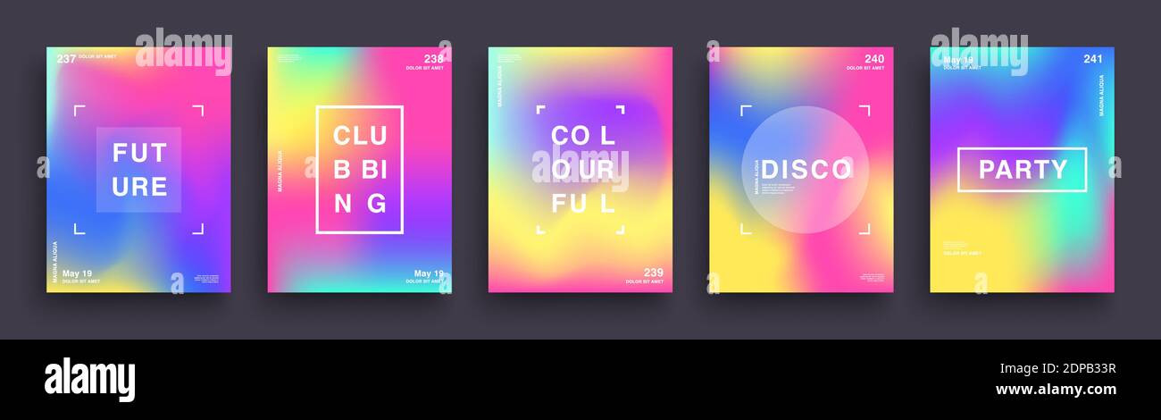 Set mit verschwommenen Farbvergradient-Postern. Sommer Clubbing Bright Party Poster. Deckt Vorlagendesign Ab. Abstrakter Hintergrund Für Verlaufsgitter. Schickes Hipster Stock Vektor