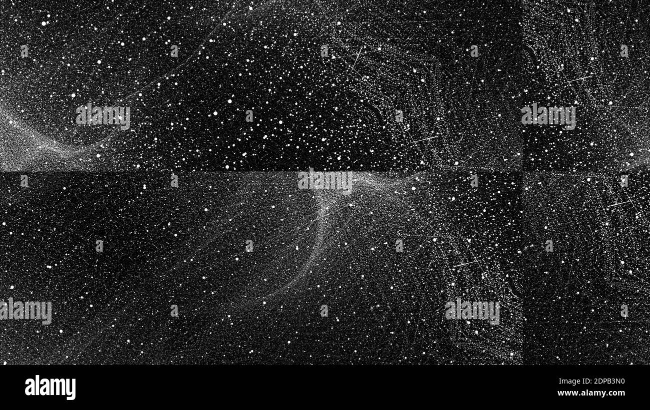 Eine Illustration von weißer Farbe, die auf einen schwarzen Hintergrund gespritzt wird Erstellen von Punkten und Kurven Stockfoto