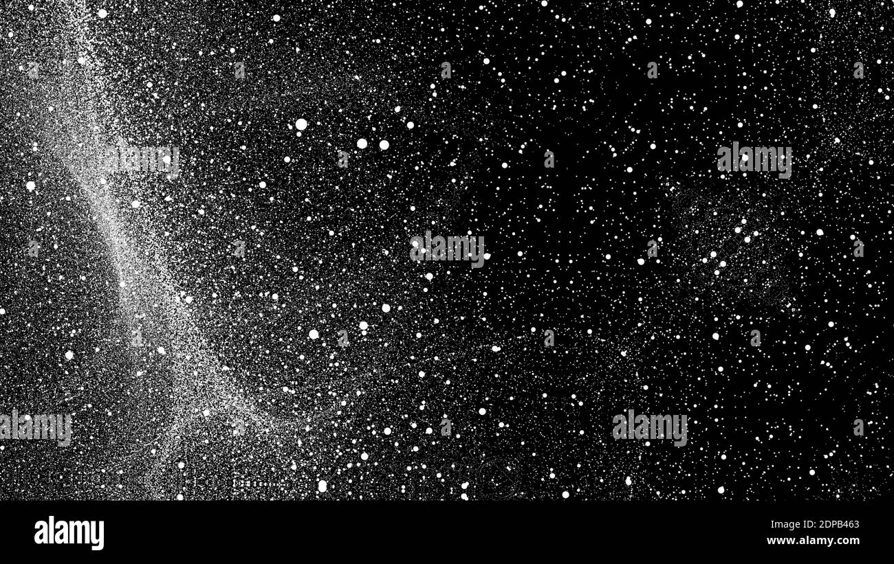 Eine Illustration von weißer Farbe, die auf einen schwarzen Hintergrund gespritzt wird Erstellen von Punkten und Linien Stockfoto