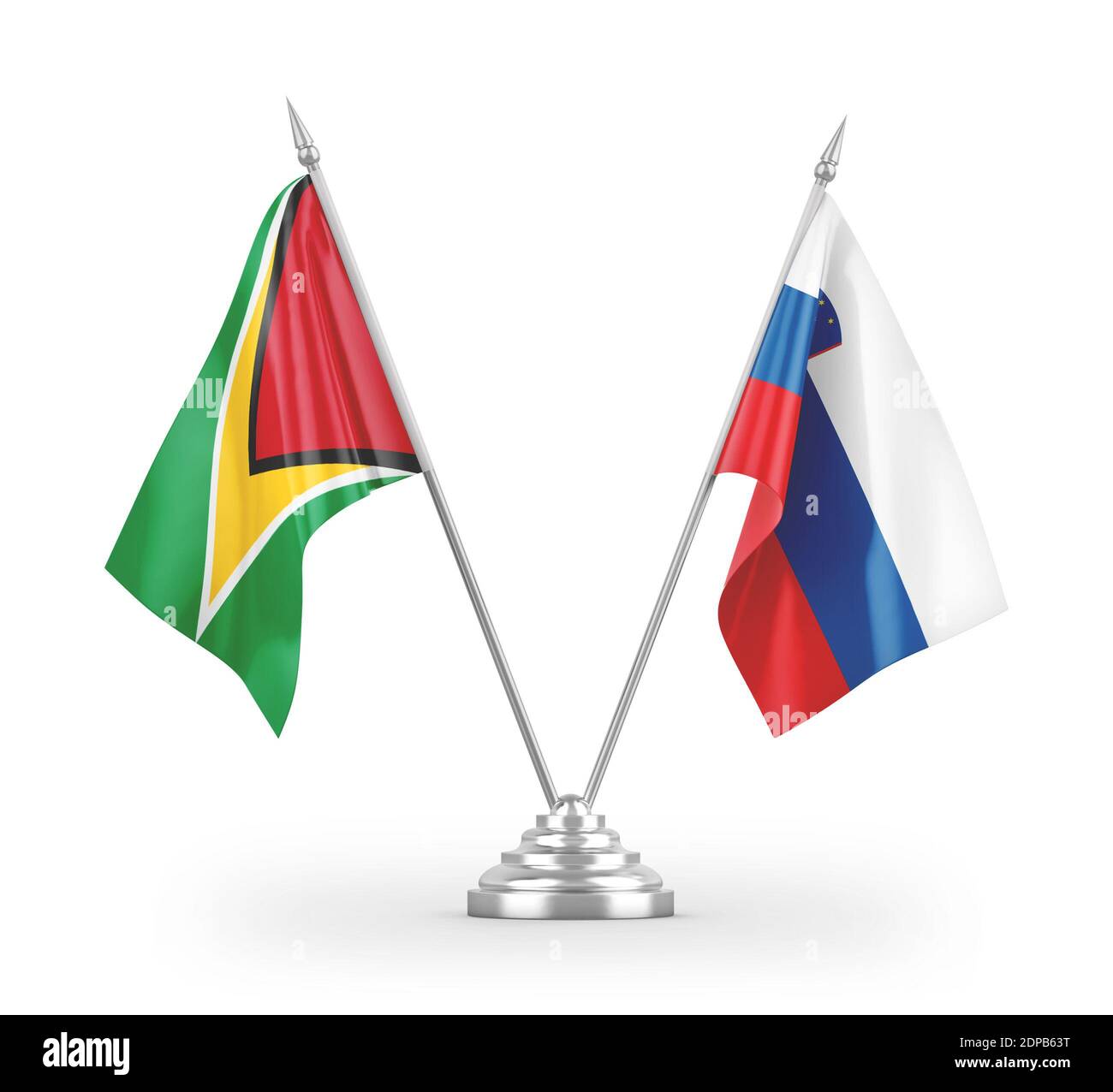 Slowenien und Guyana Tischflags isoliert auf weißem 3D-Rendering Stockfoto