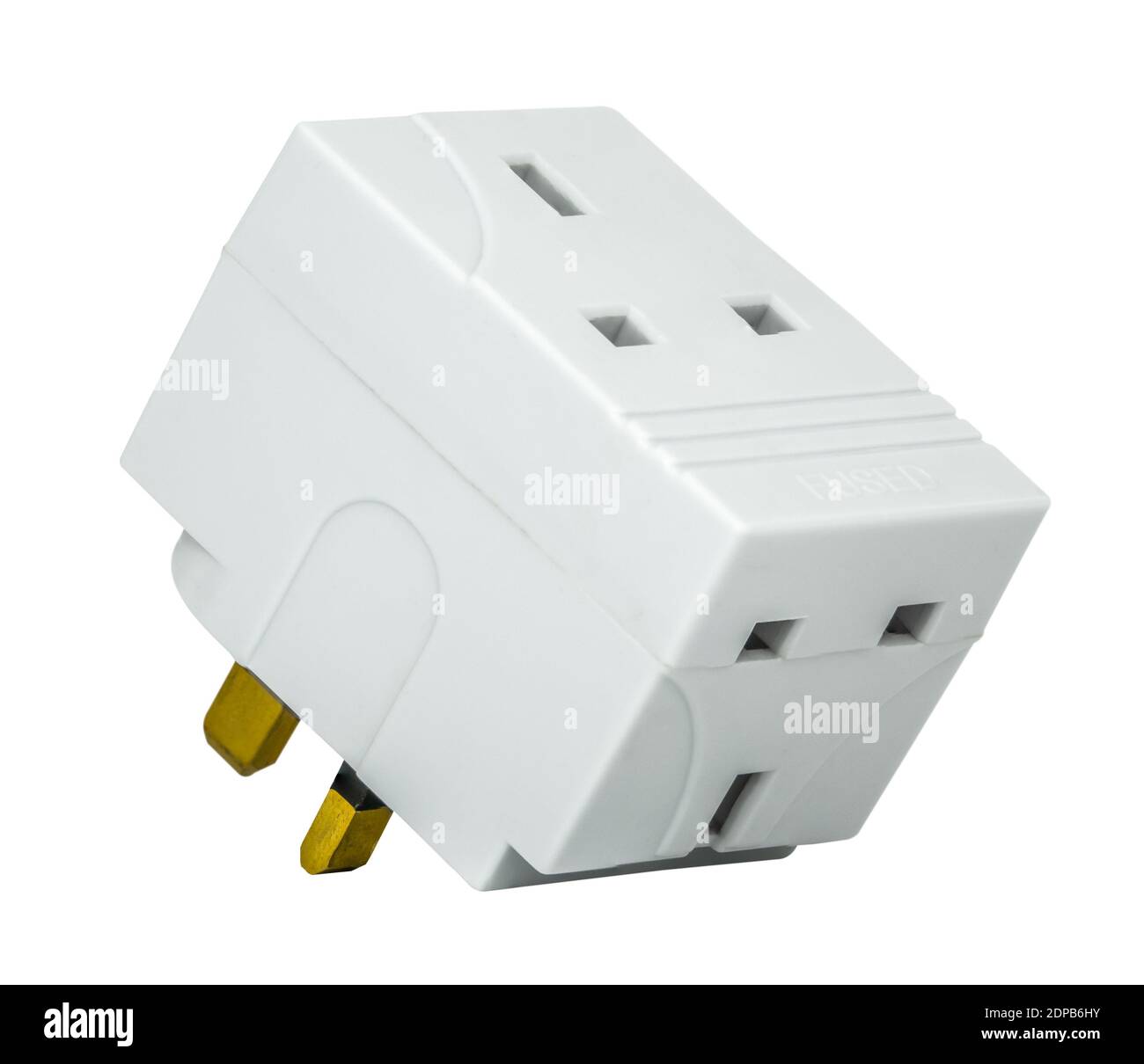 Isolierter UK Power Cube Adapter Stecker auf EINEM weißen Hintergrund Stockfoto