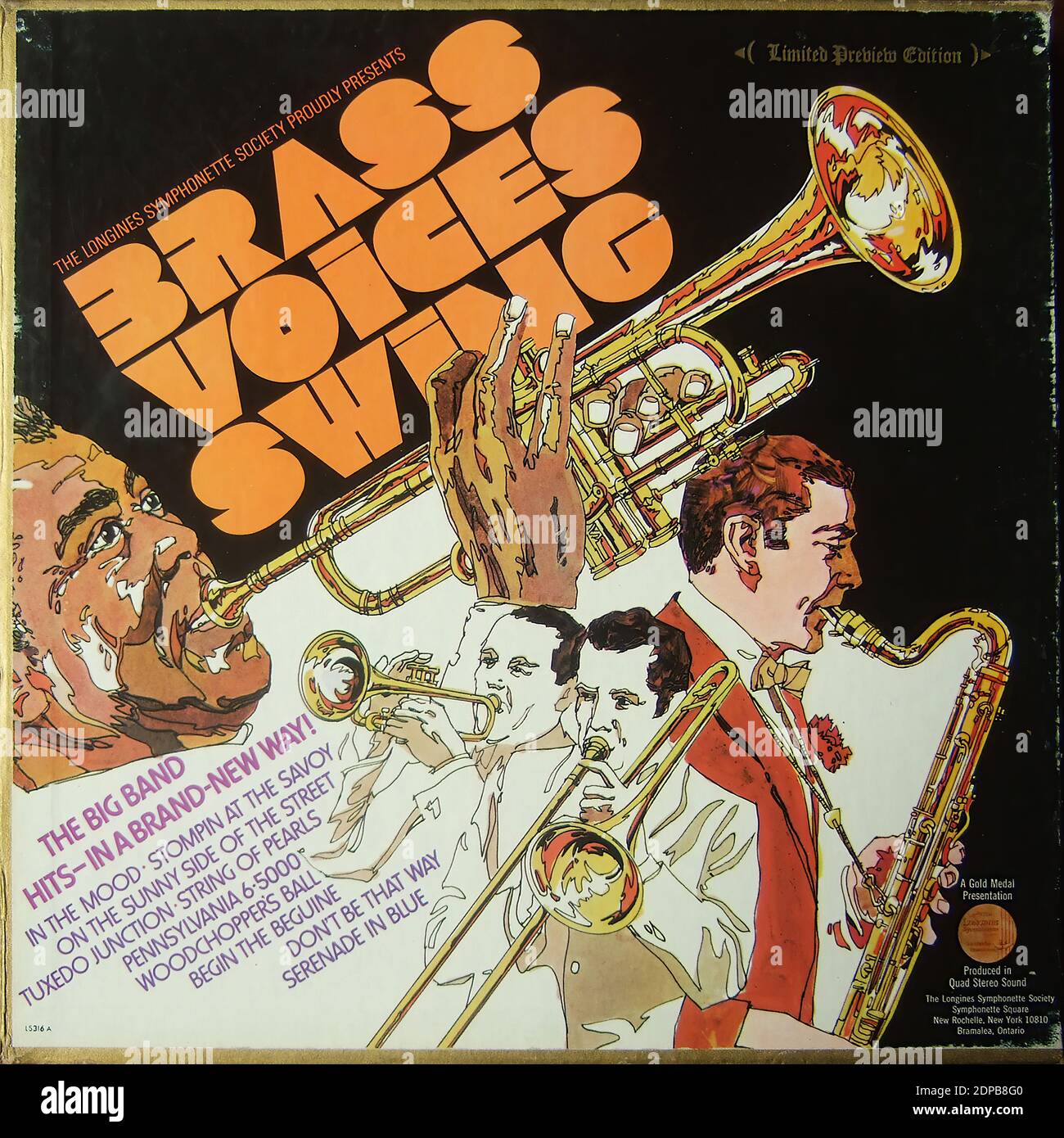 Brass Voices Swing, The Big Band Hits - in A Brand New Way!, Longines Symphonette Society 15316 A, QUADRO, Box 6LP - Vintage Vinyl Album Cover Stockfoto