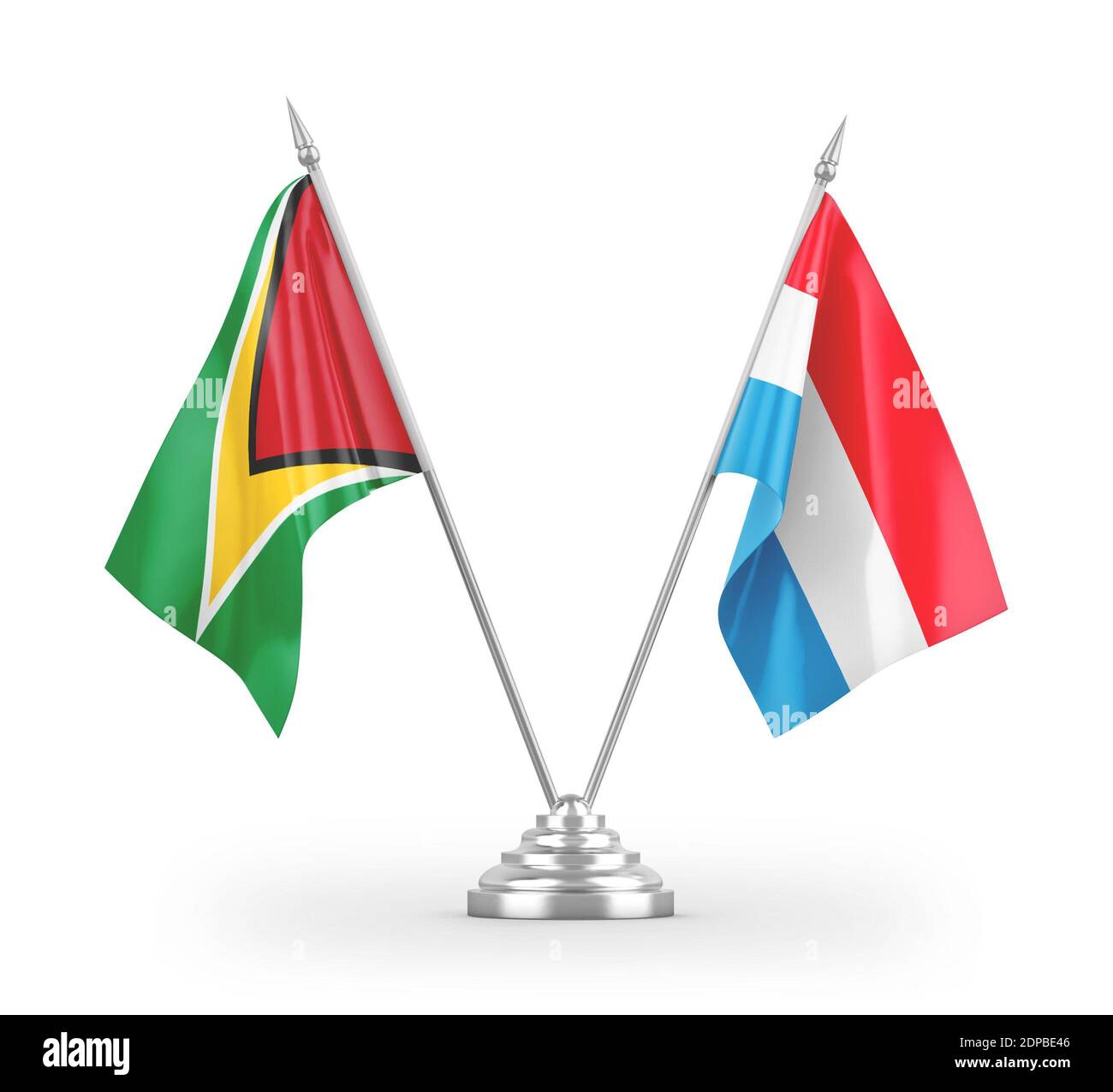 Luxemburg und Guyana Tischflaggen isoliert auf weißem 3D-Rendering Stockfoto