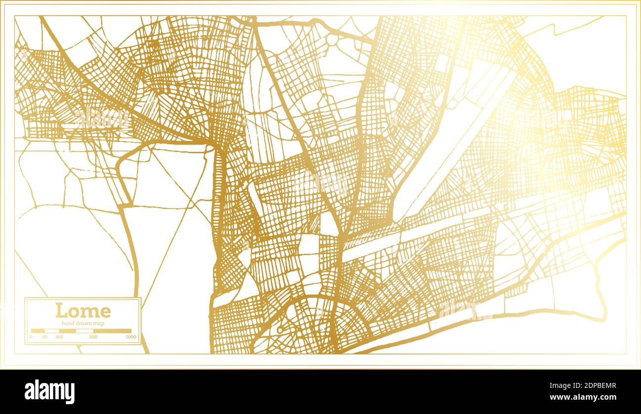 Lome Togo Stadtplan im Retro-Stil in goldenen Farben. Übersichtskarte. Vektorgrafik. Stock Vektor