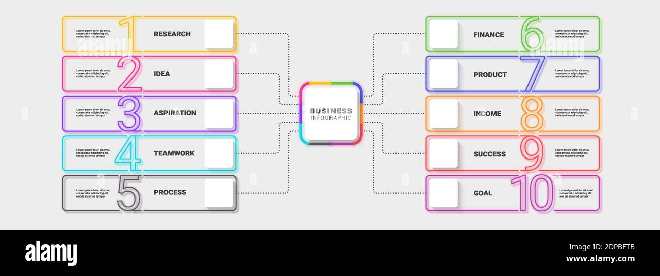 Moderne Neon Thin Line Infografik Vorlage zehn Schritte zum Erfolg. Geschäftsprozessdiagramm mit Optionen für Broschüre, Diagramm, Workflow, Zeitleiste, Nummer Stock Vektor