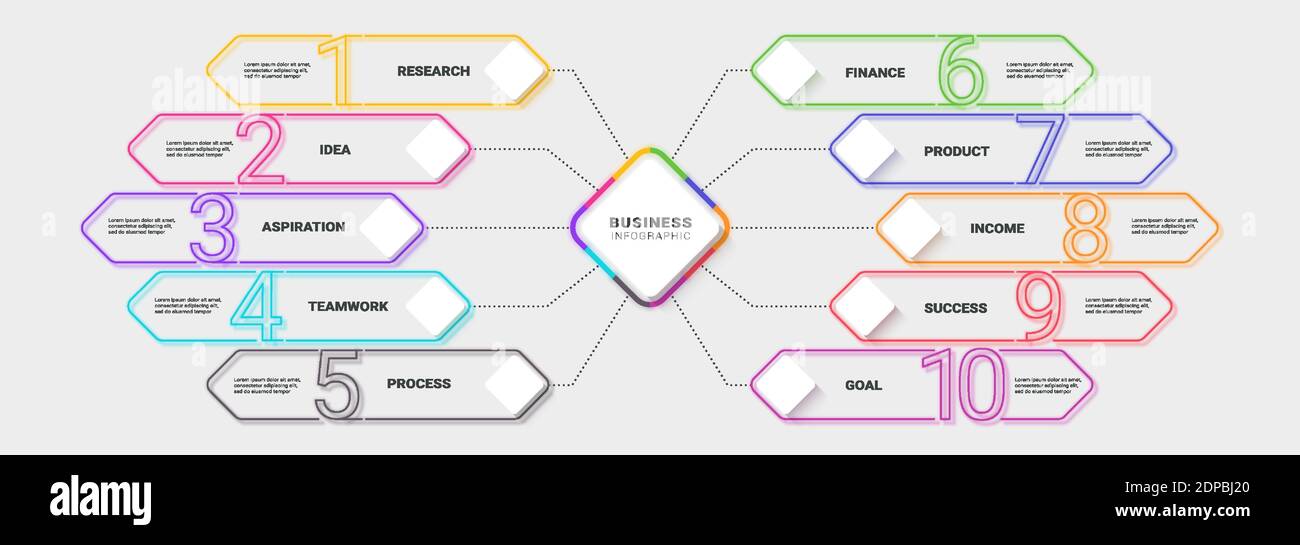 Moderne Neon Thin Line Infografik Vorlage zehn Schritte zum Erfolg. Geschäftsprozessdiagramm mit Optionen für Broschüre, Diagramm, Workflow, Zeitleiste, Nummer Stock Vektor