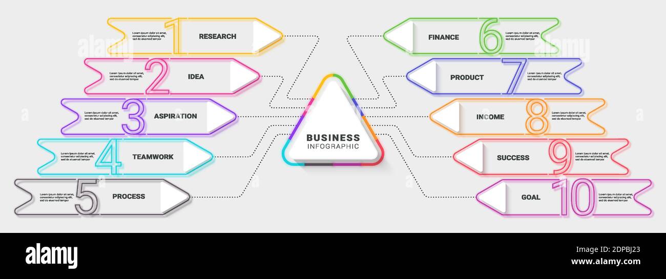 Moderne Neon Thin Line Infografik Vorlage zehn Schritte zum Erfolg. Geschäftsprozessdiagramm mit Optionen für Broschüre, Diagramm, Workflow, Zeitleiste, Nummer Stock Vektor