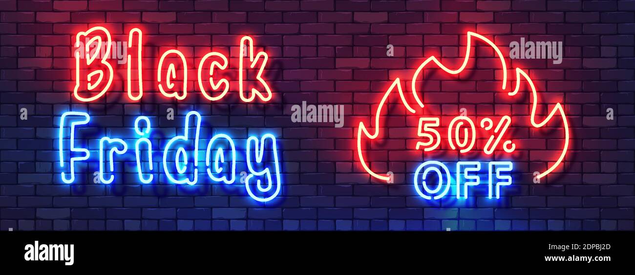 Black Friday Sale Neon Bunte Banner. Feuriges Leuchtröhren-Neonsymbol. Trendiges Design Rabatt Verkauf Konzept Vorlage. Elemente für Nacht Helle Adver Stock Vektor