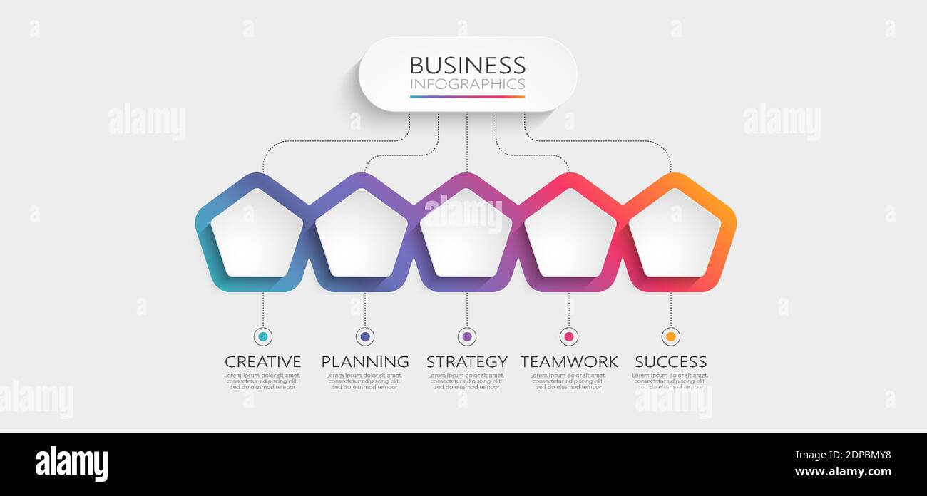 Moderne 3D-Infografik-Vorlage mit 5 Schritten. Business Pentaeder Vorlage mit Optionen für Broschüre, Diagramm, Workflow, Zeitleiste, Webdesign. Vektor Stock Vektor